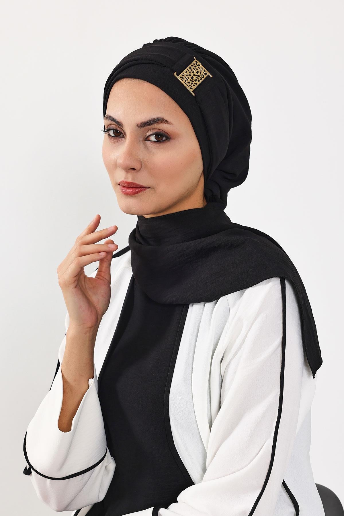 Dekolte Kapatabilen Gold Aksesuarlı Hazır Türban,HT-11A