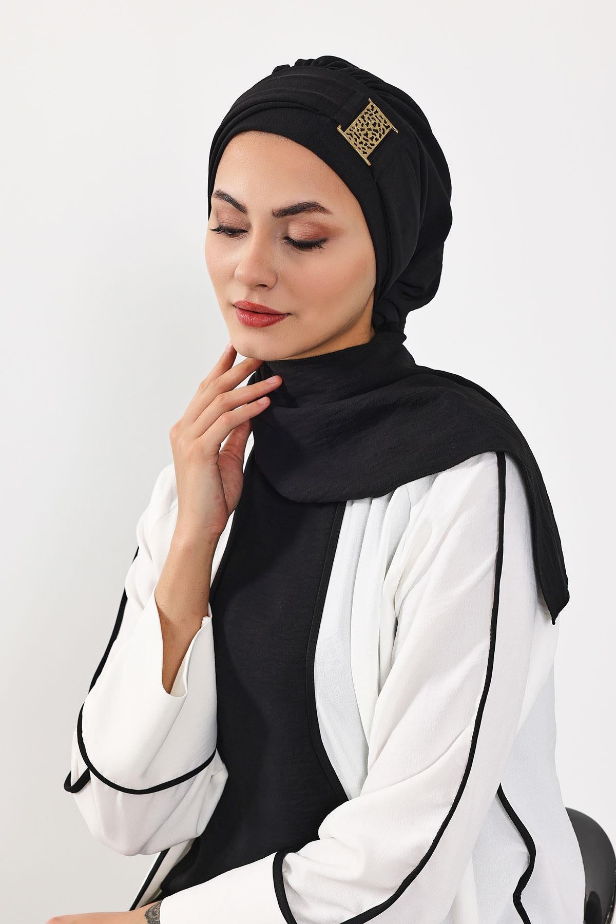 Dekolte Kapatabilen Gold Aksesuarlı Hazır Türban,HT-11A