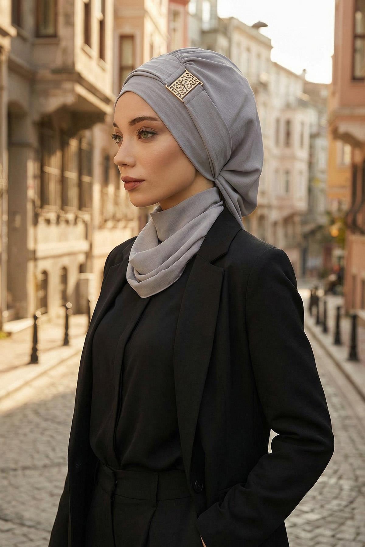 Dekolte Kapatabilen Gold Aksesuarlı Hazır Türban,HT-11A