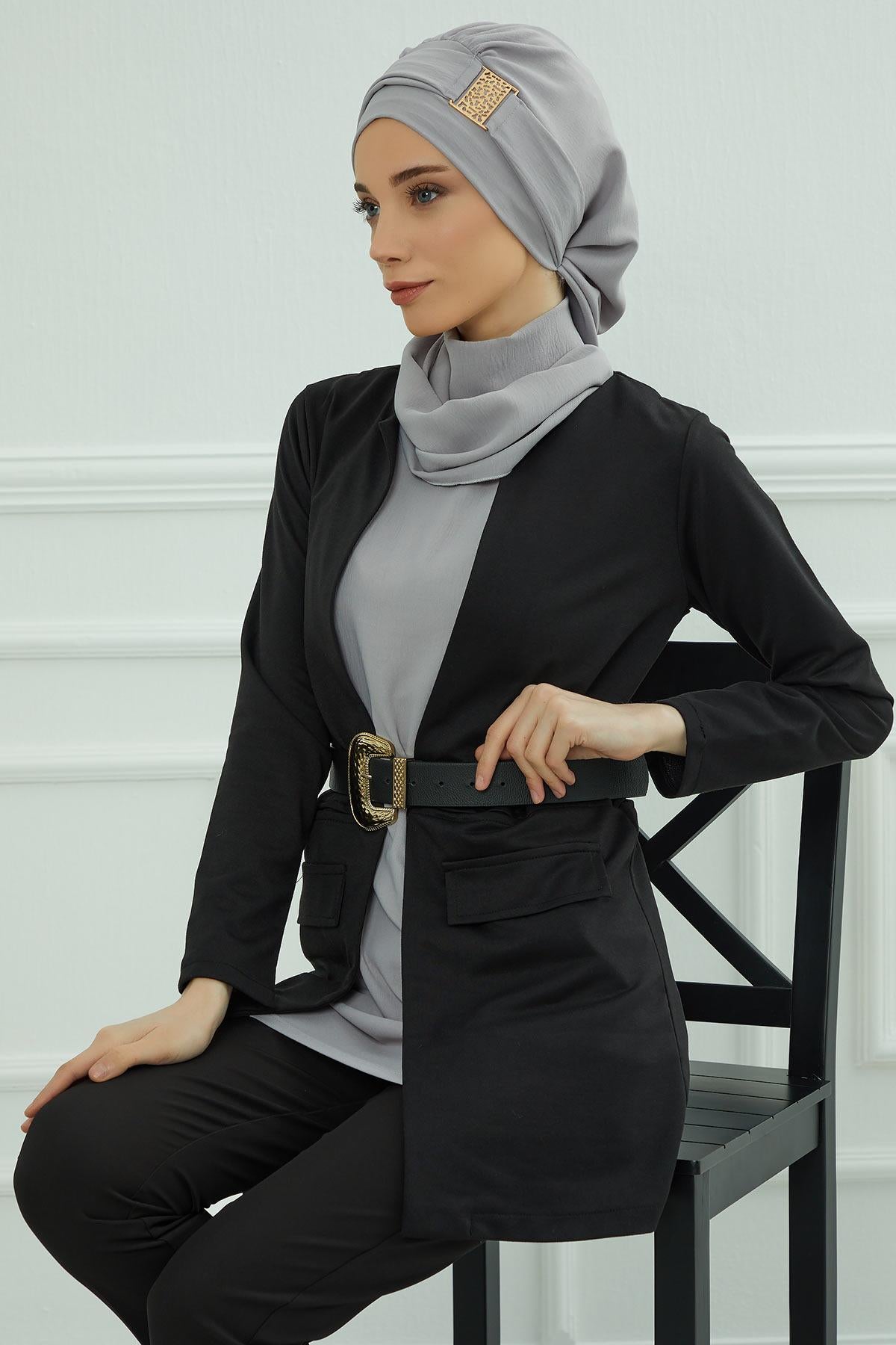 Dekolte Kapatabilen Gold Aksesuarlı Hazır Türban,HT-11A