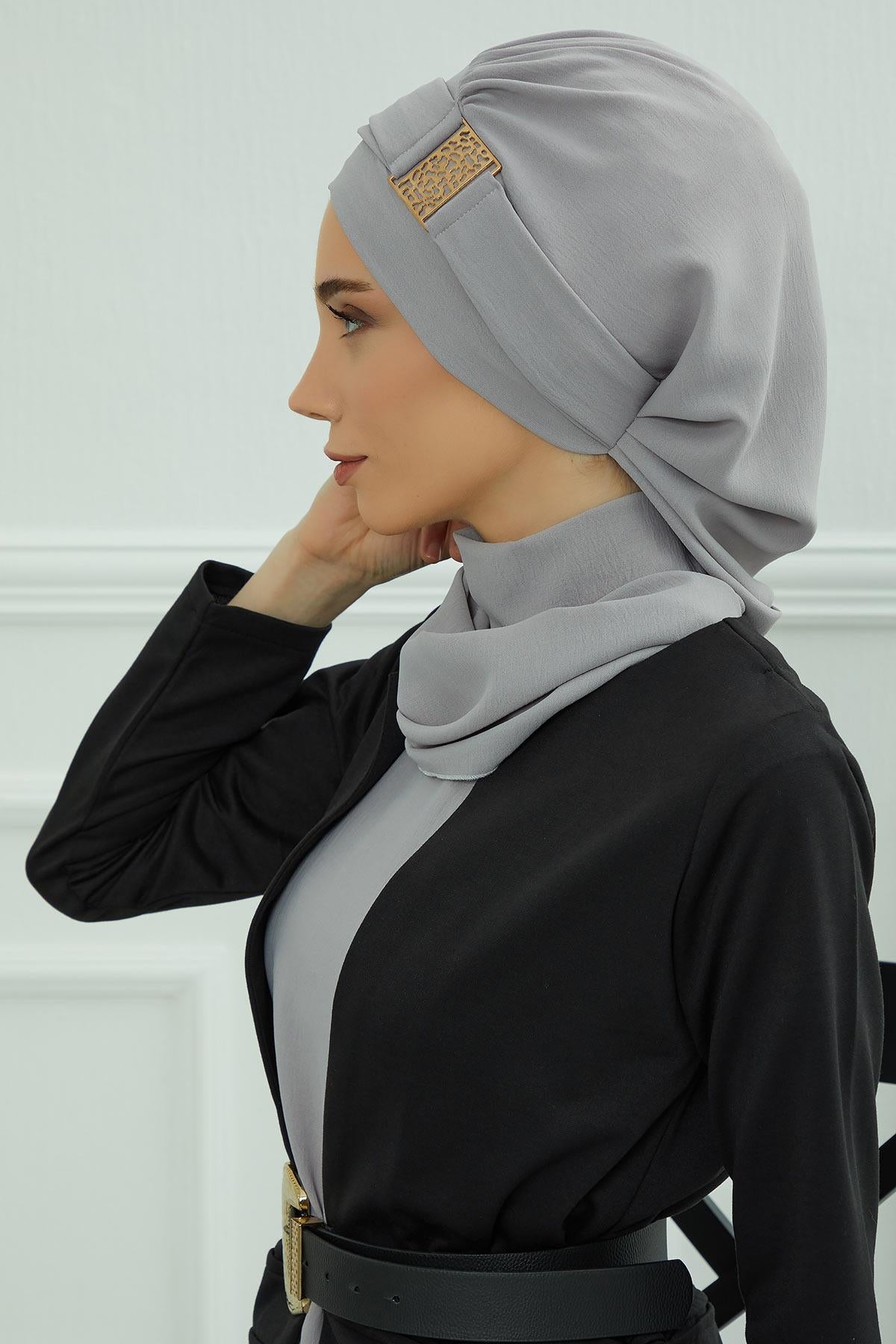 Dekolte Kapatabilen Gold Aksesuarlı Hazır Türban,HT-11A