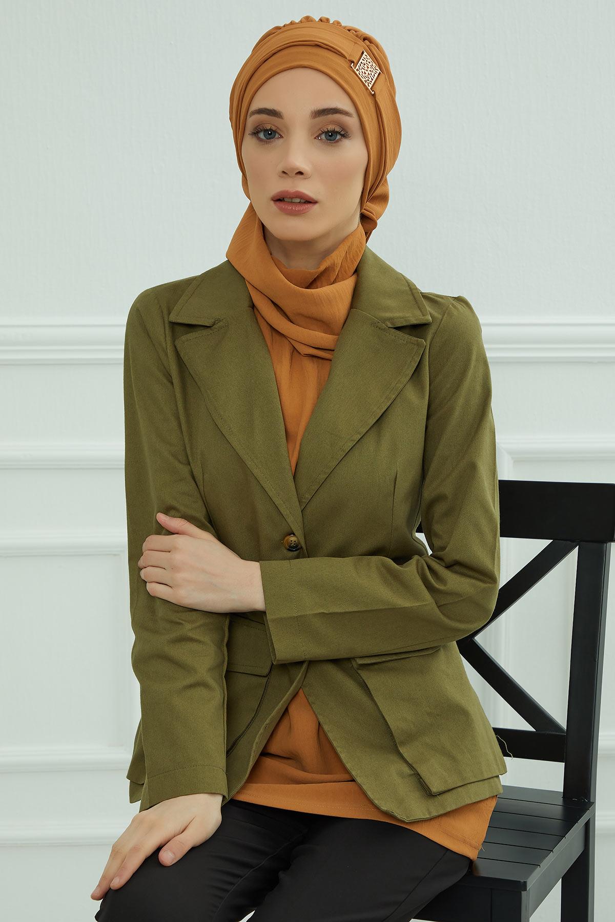 Dekolte Kapatabilen Gold Aksesuarlı Hazır Türban,HT-11A