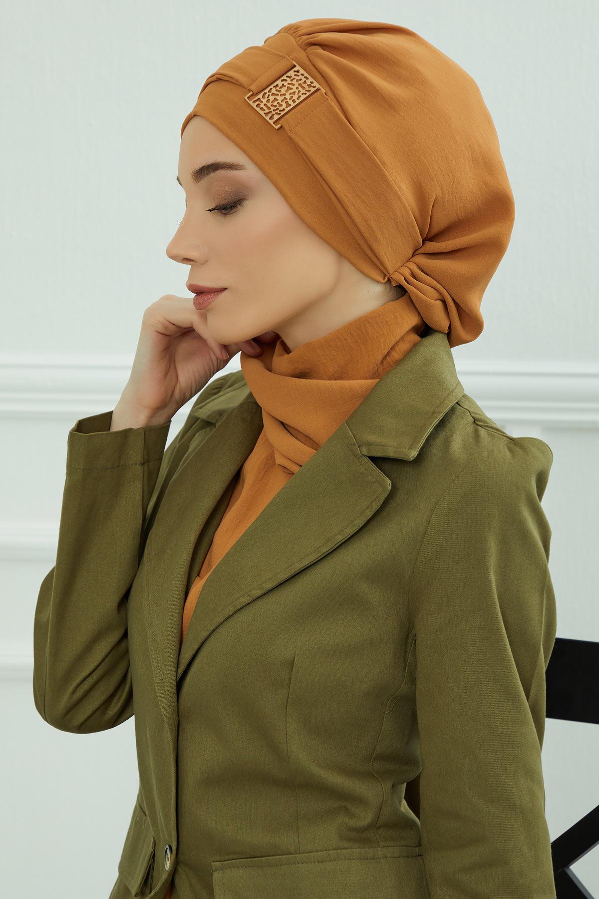 Dekolte Kapatabilen Gold Aksesuarlı Hazır Türban,HT-11A