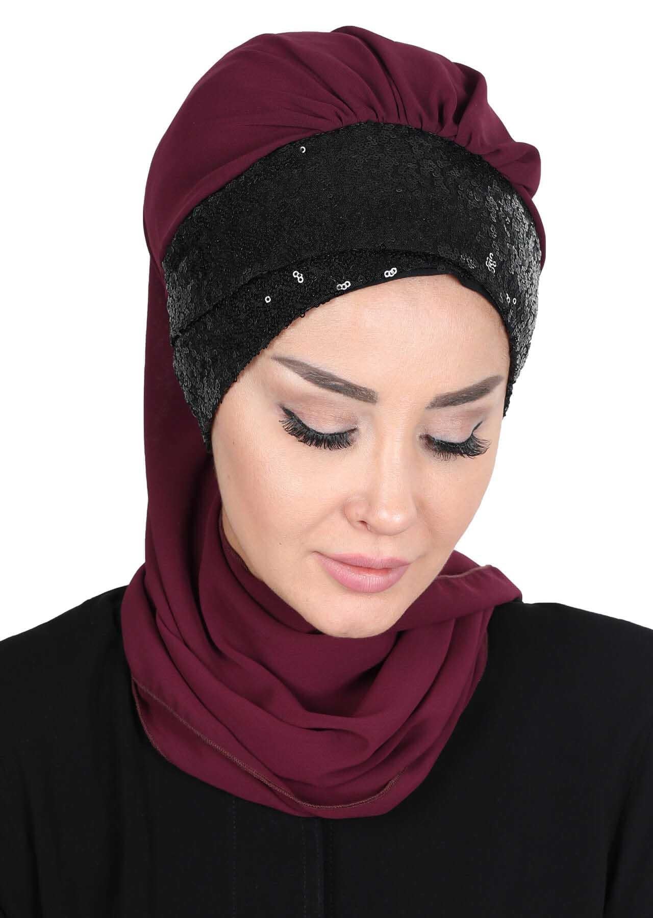 Fularlı Payet Aksesuarlı Şifon Hazır Türban,HT-54P