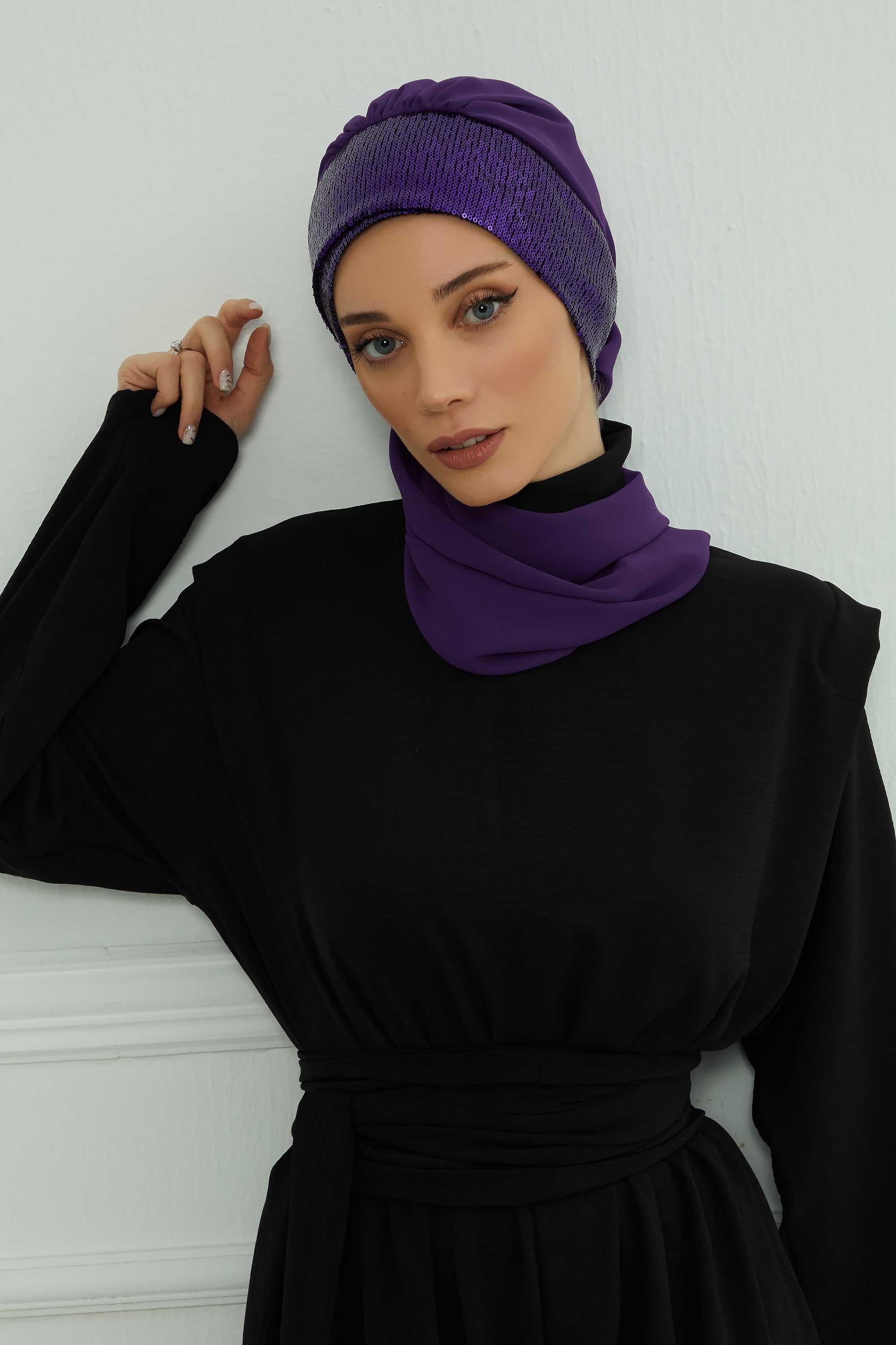 Fularlı Payet Aksesuarlı Şifon Hazır Türban,HT-54P