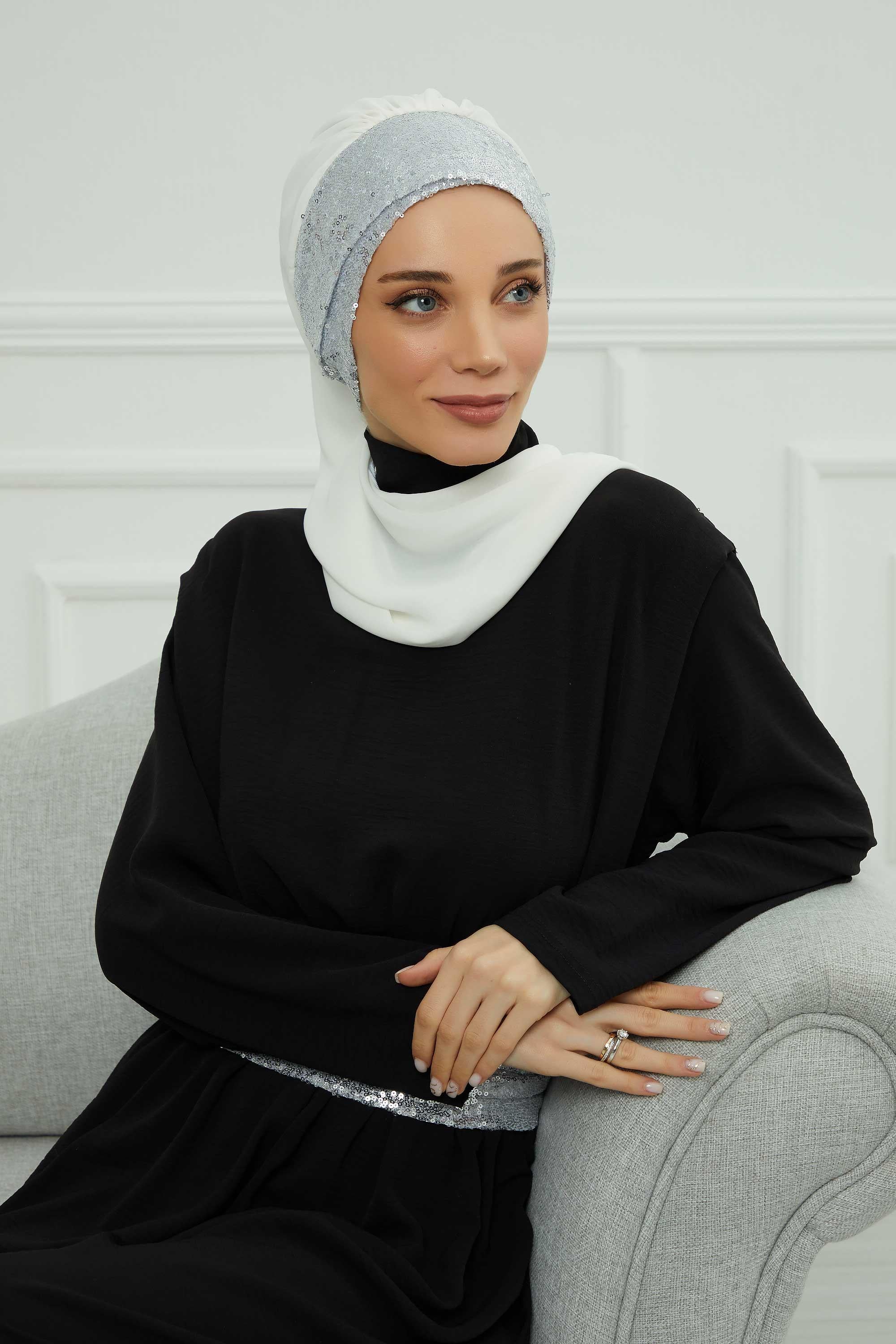 Fularlı Payet Aksesuarlı Şifon Hazır Türban,HT-54P