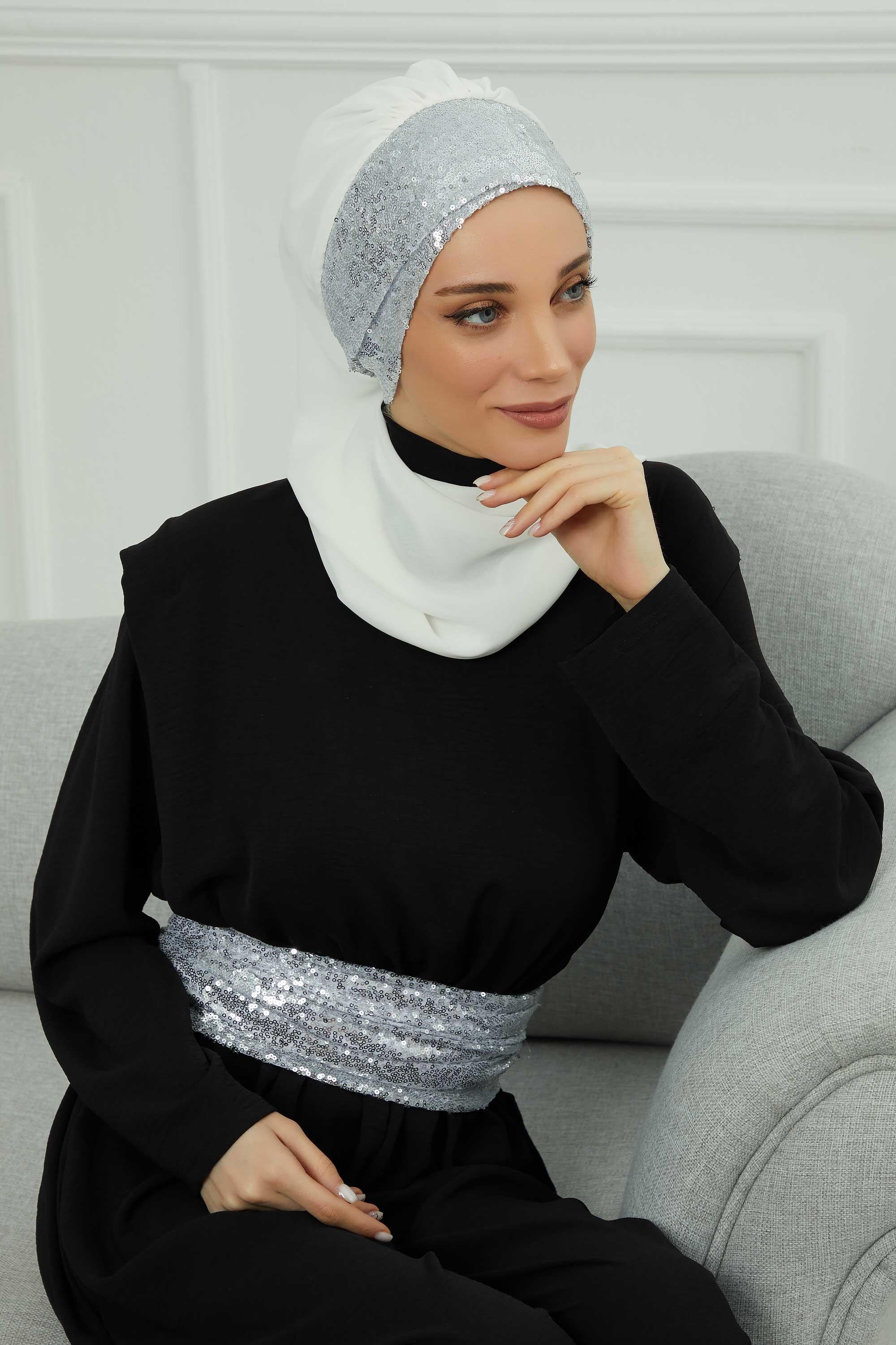Fularlı Payet Aksesuarlı Şifon Hazır Türban,HT-54P