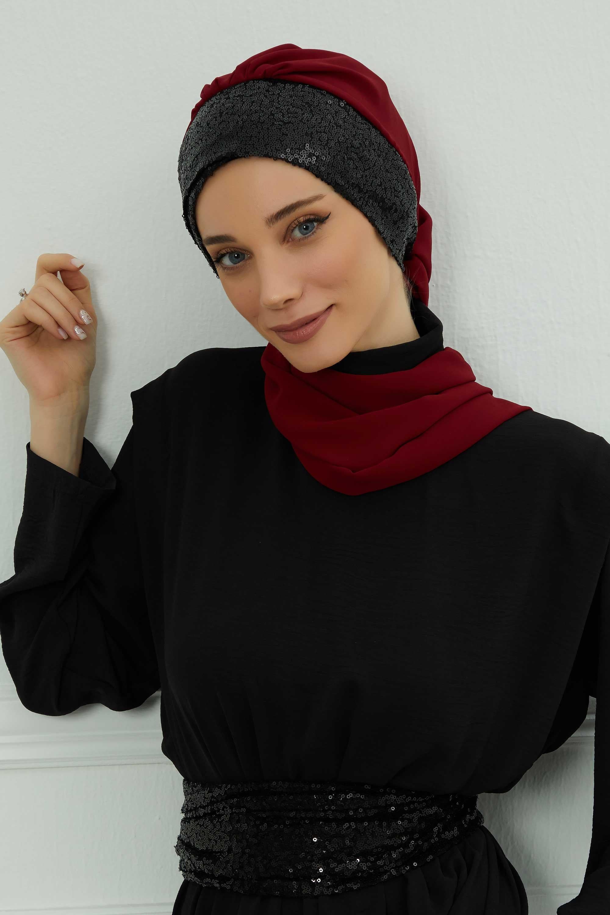 Fularlı Payet Aksesuarlı Şifon Hazır Türban,HT-54P