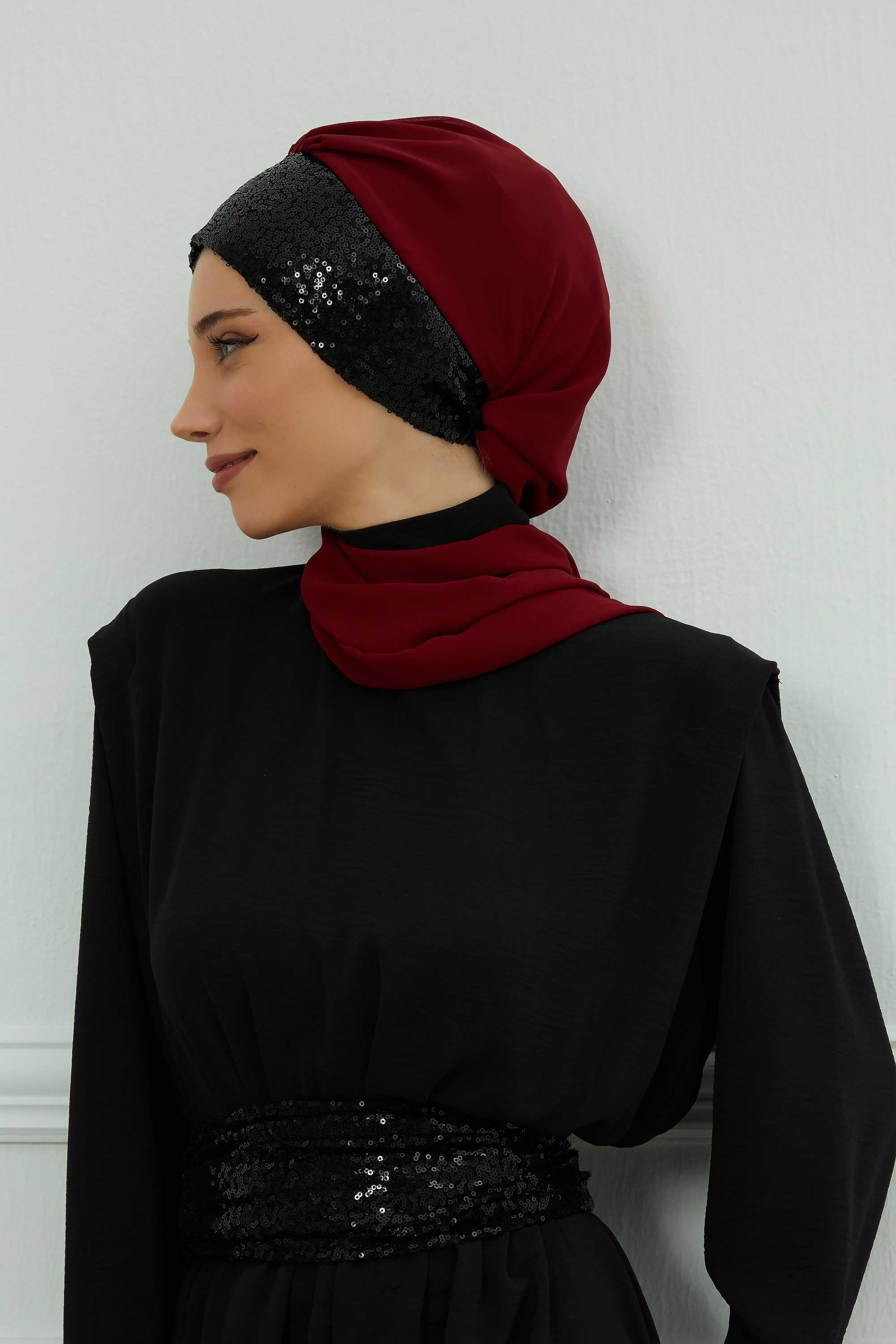 Fularlı Payet Aksesuarlı Şifon Hazır Türban,HT-54P