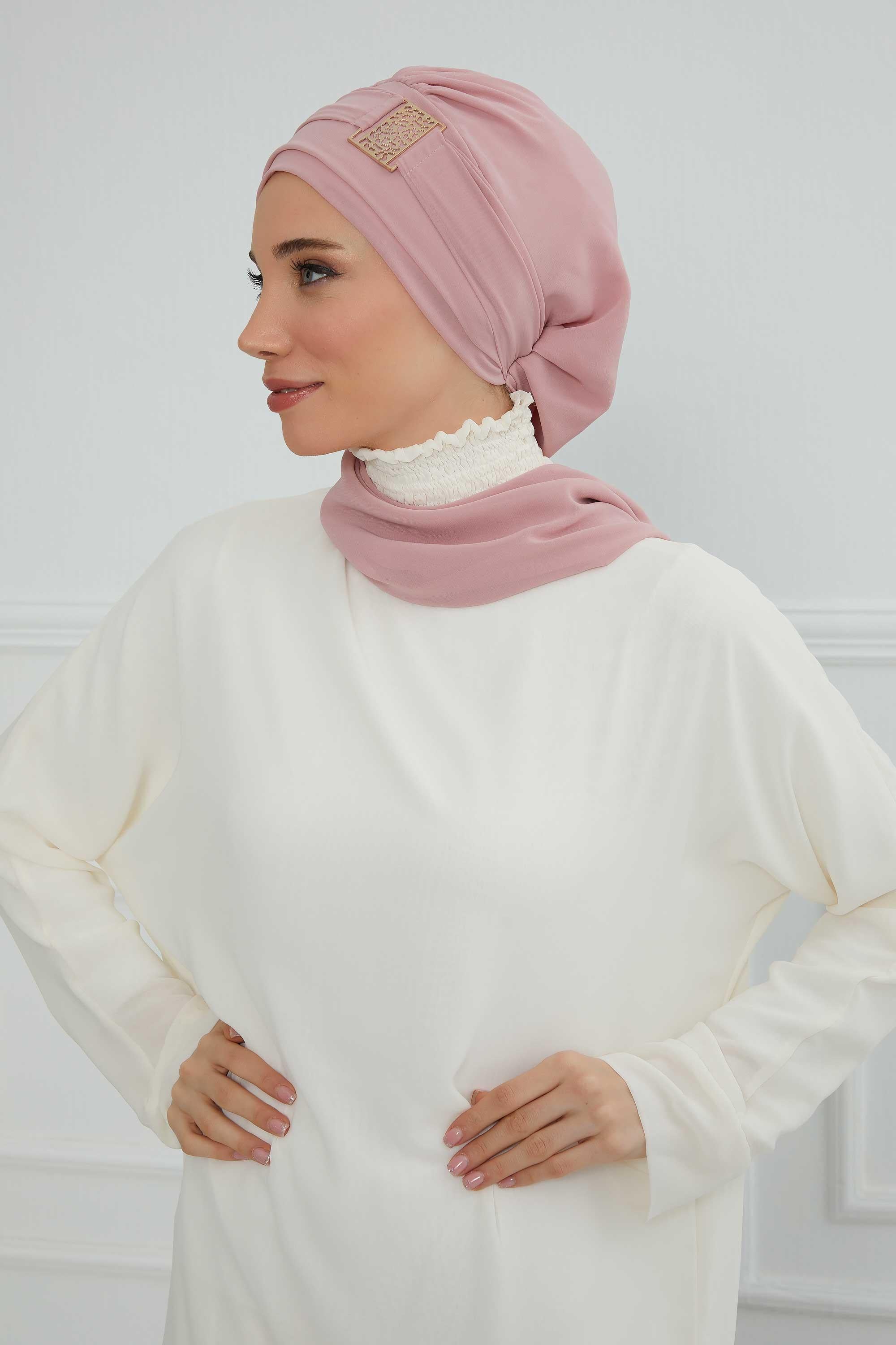 Dekolte Kapatabilen Gold Aksesuarlı Şifon Hazır Türban,HT-11