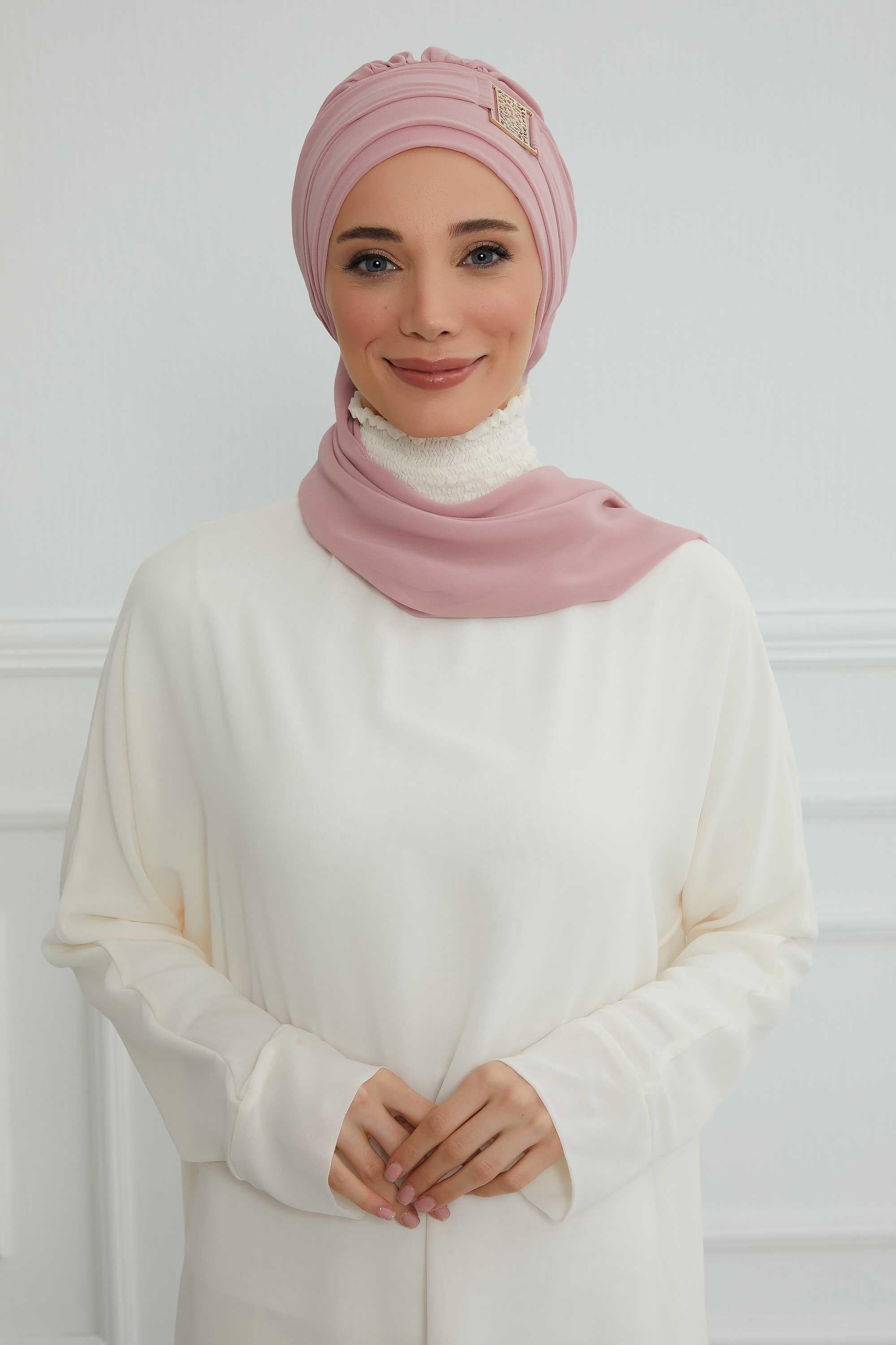 Dekolte Kapatabilen Gold Aksesuarlı Şifon Hazır Türban,HT-11