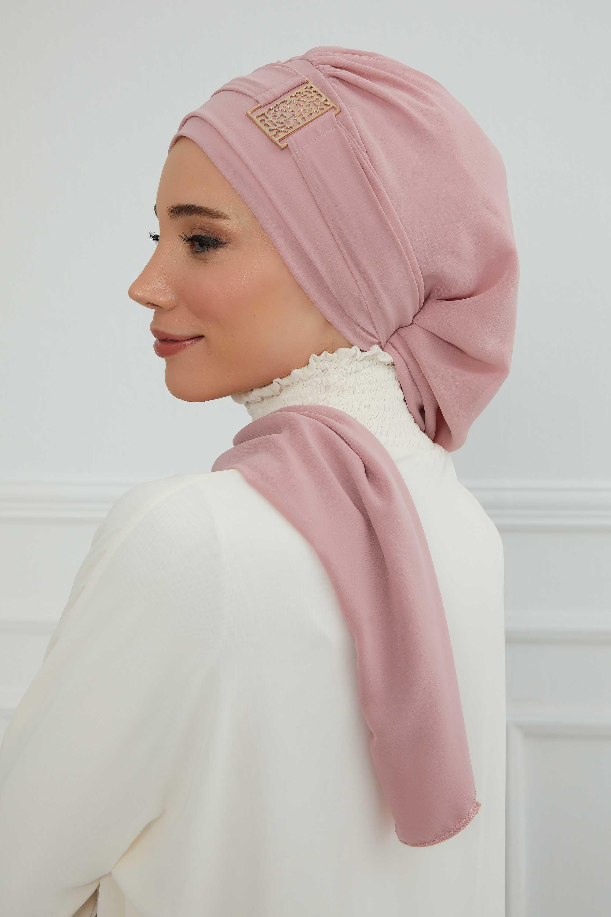 Dekolte Kapatabilen Gold Aksesuarlı Şifon Hazır Türban,HT-11