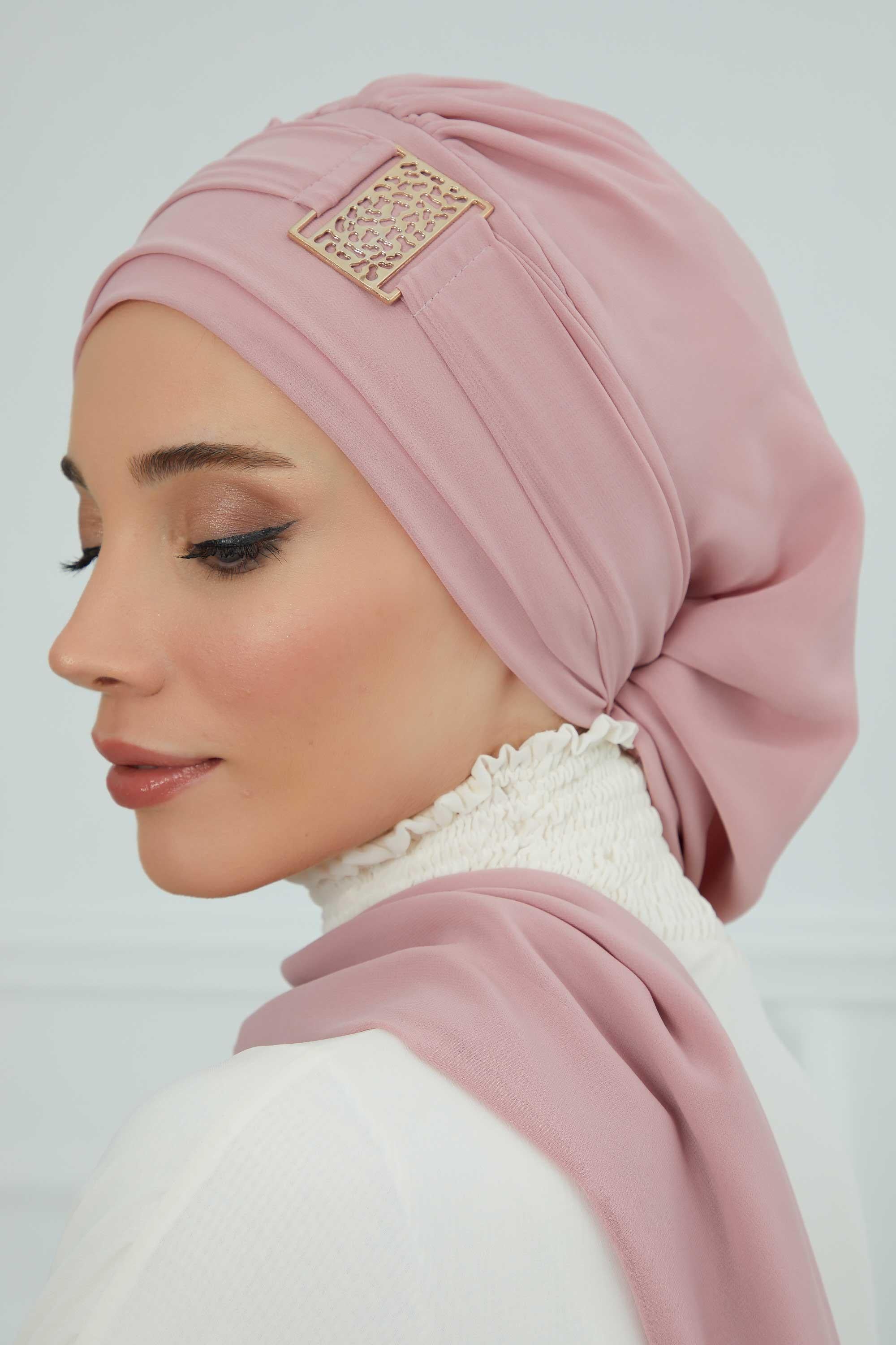 Dekolte Kapatabilen Gold Aksesuarlı Şifon Hazır Türban,HT-11