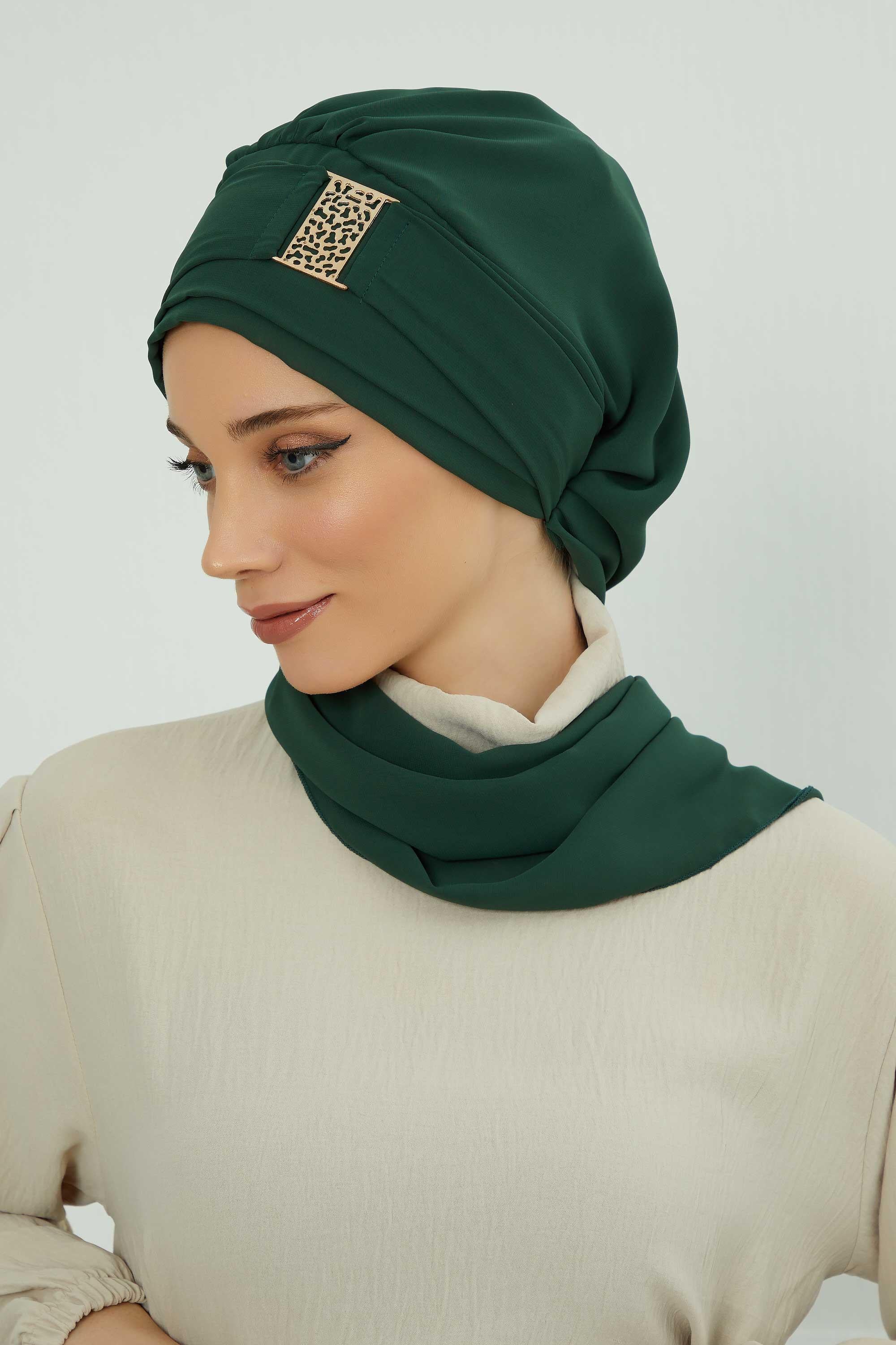 Dekolte Kapatabilen Gold Aksesuarlı Şifon Hazır Türban,HT-11