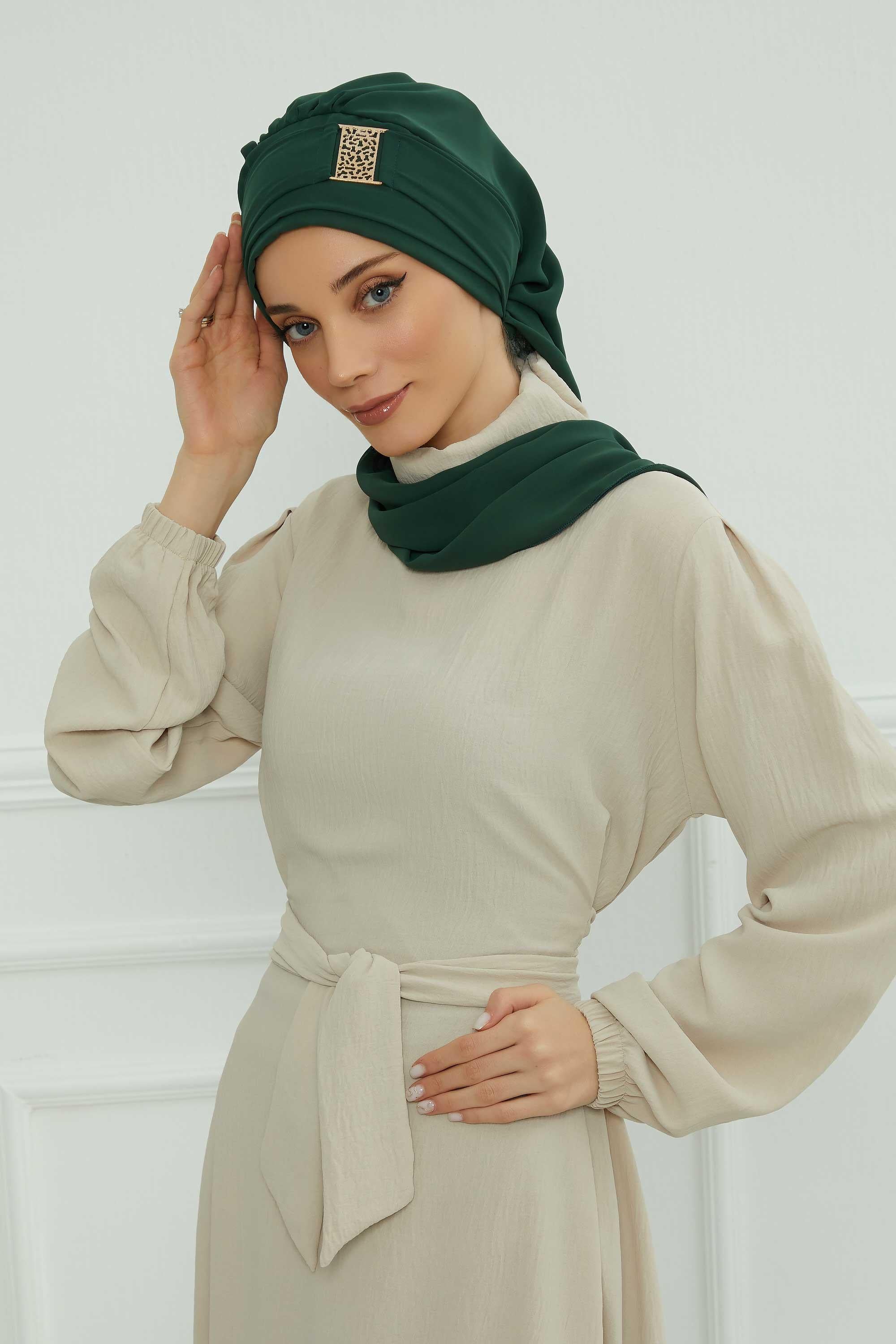 Dekolte Kapatabilen Gold Aksesuarlı Şifon Hazır Türban,HT-11