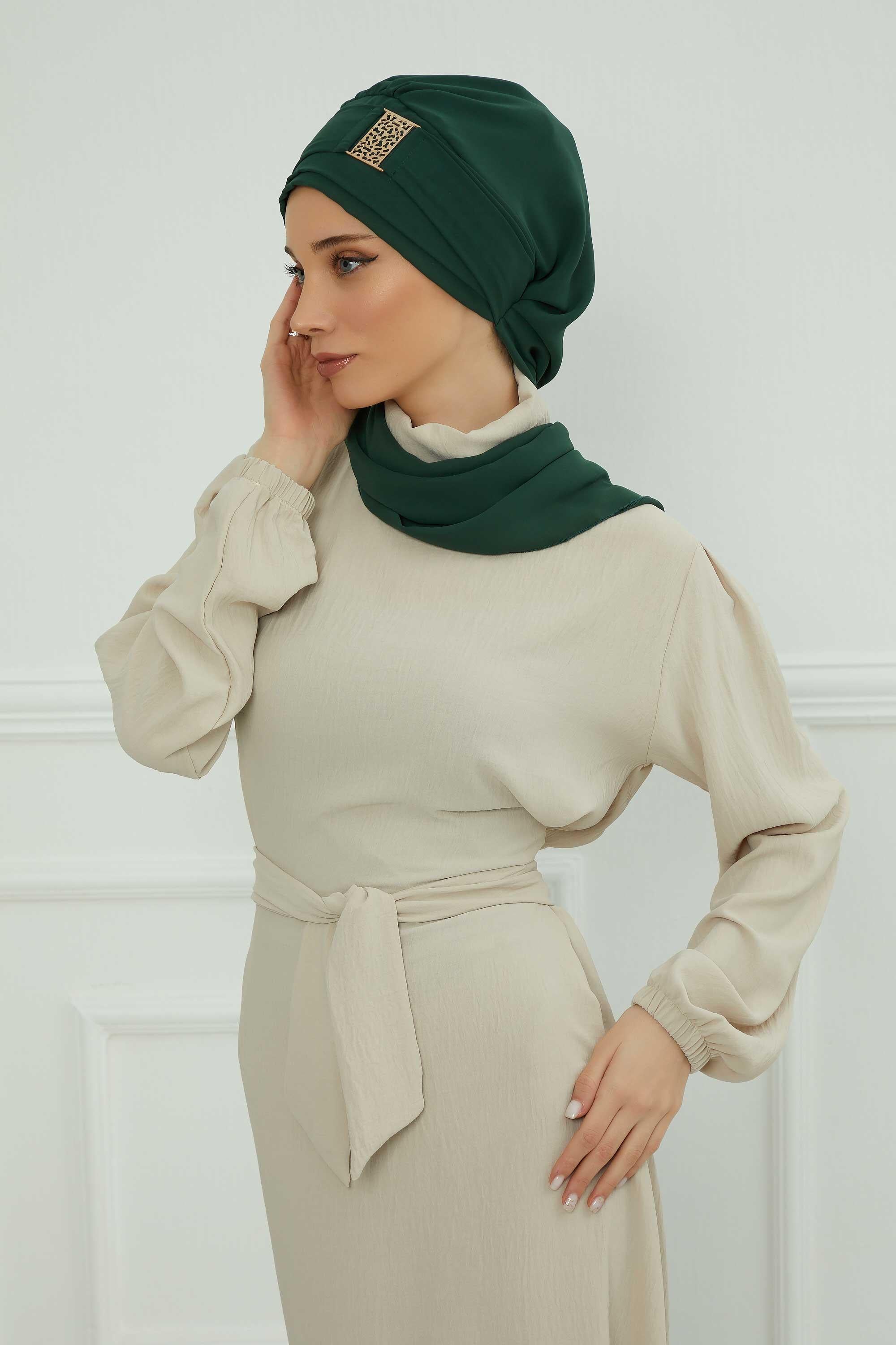 Dekolte Kapatabilen Gold Aksesuarlı Şifon Hazır Türban,HT-11