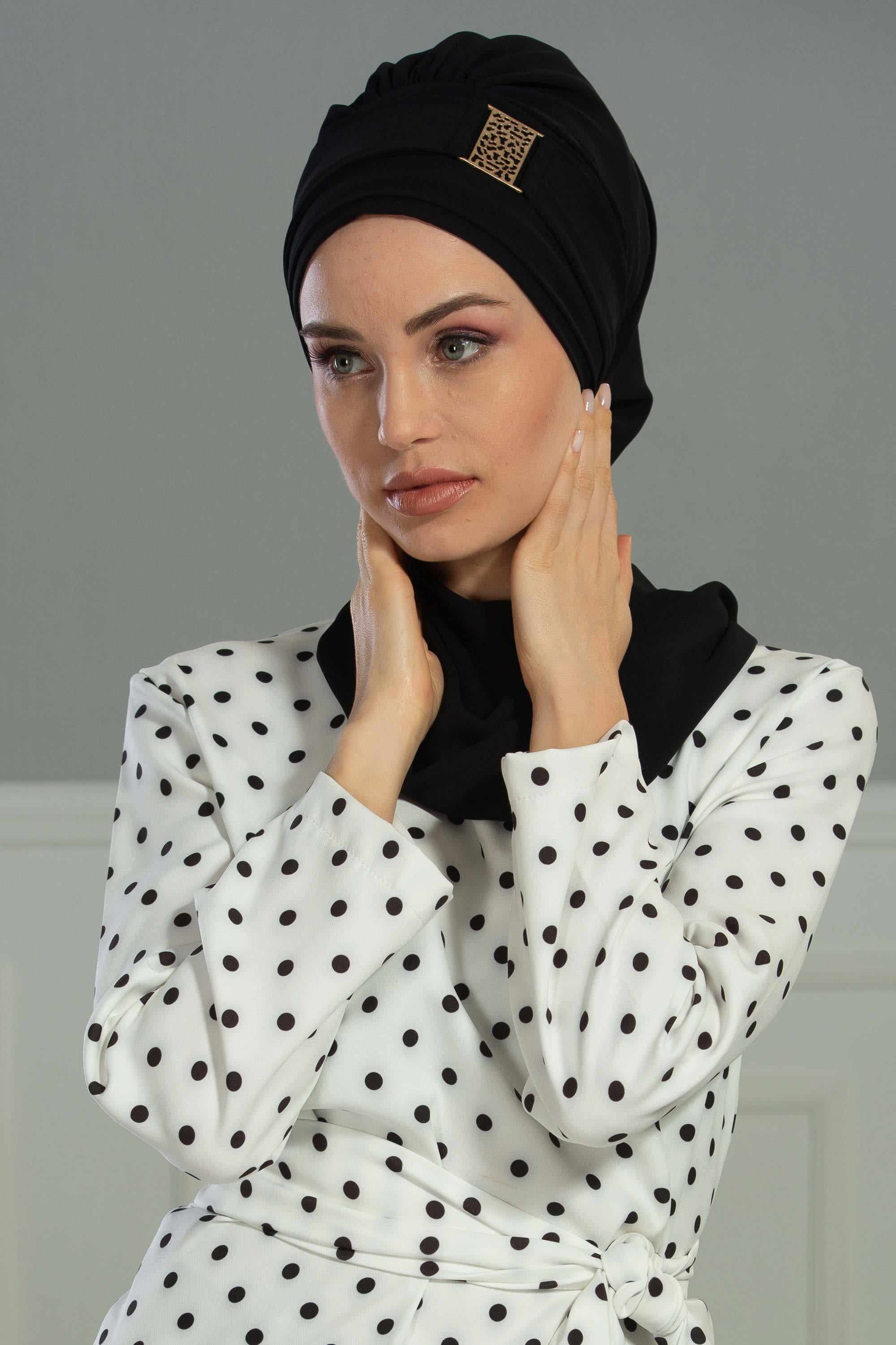 Dekolte Kapatabilen Gold Aksesuarlı Şifon Hazır Türban,HT-11