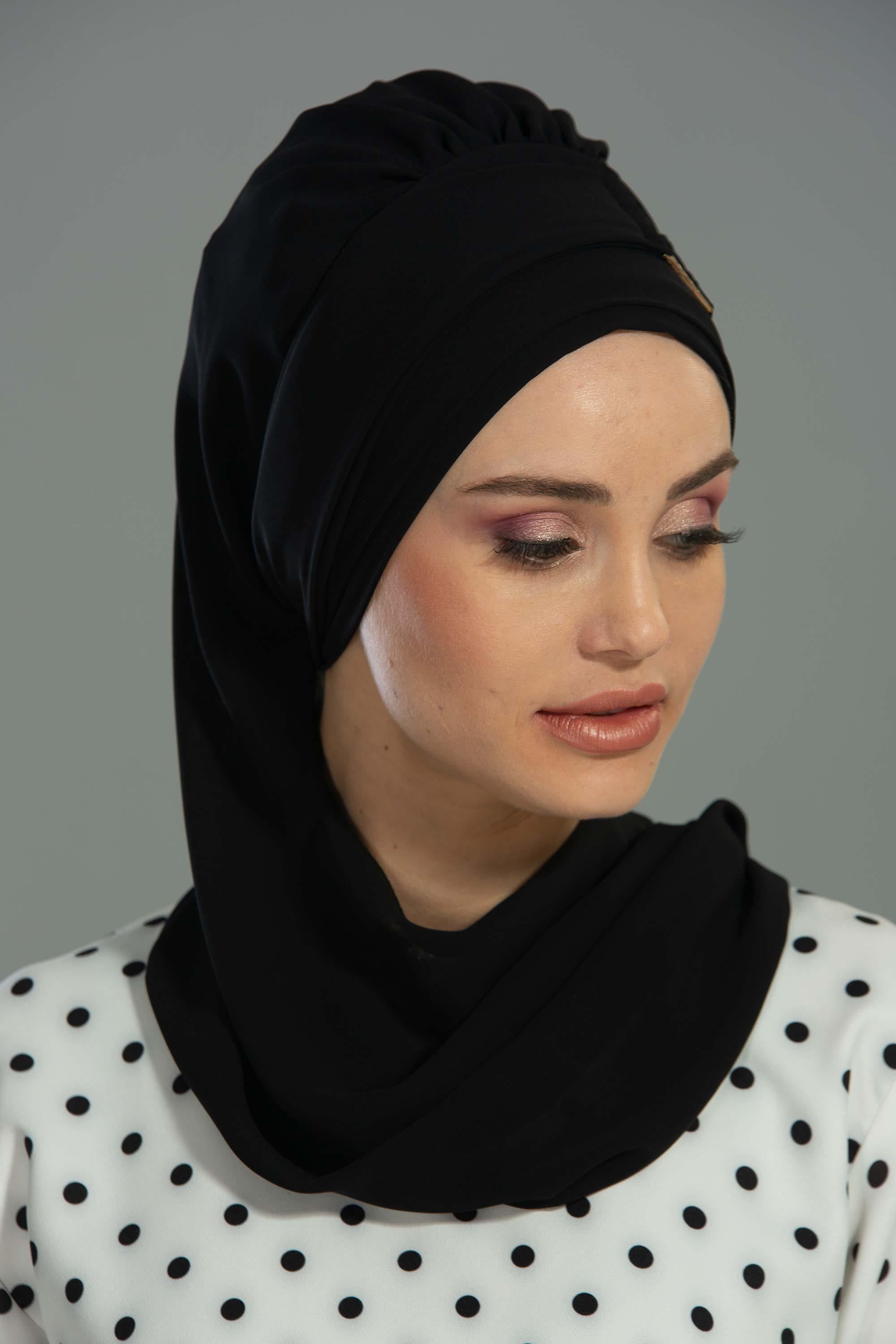 Dekolte Kapatabilen Gold Aksesuarlı Şifon Hazır Türban,HT-11