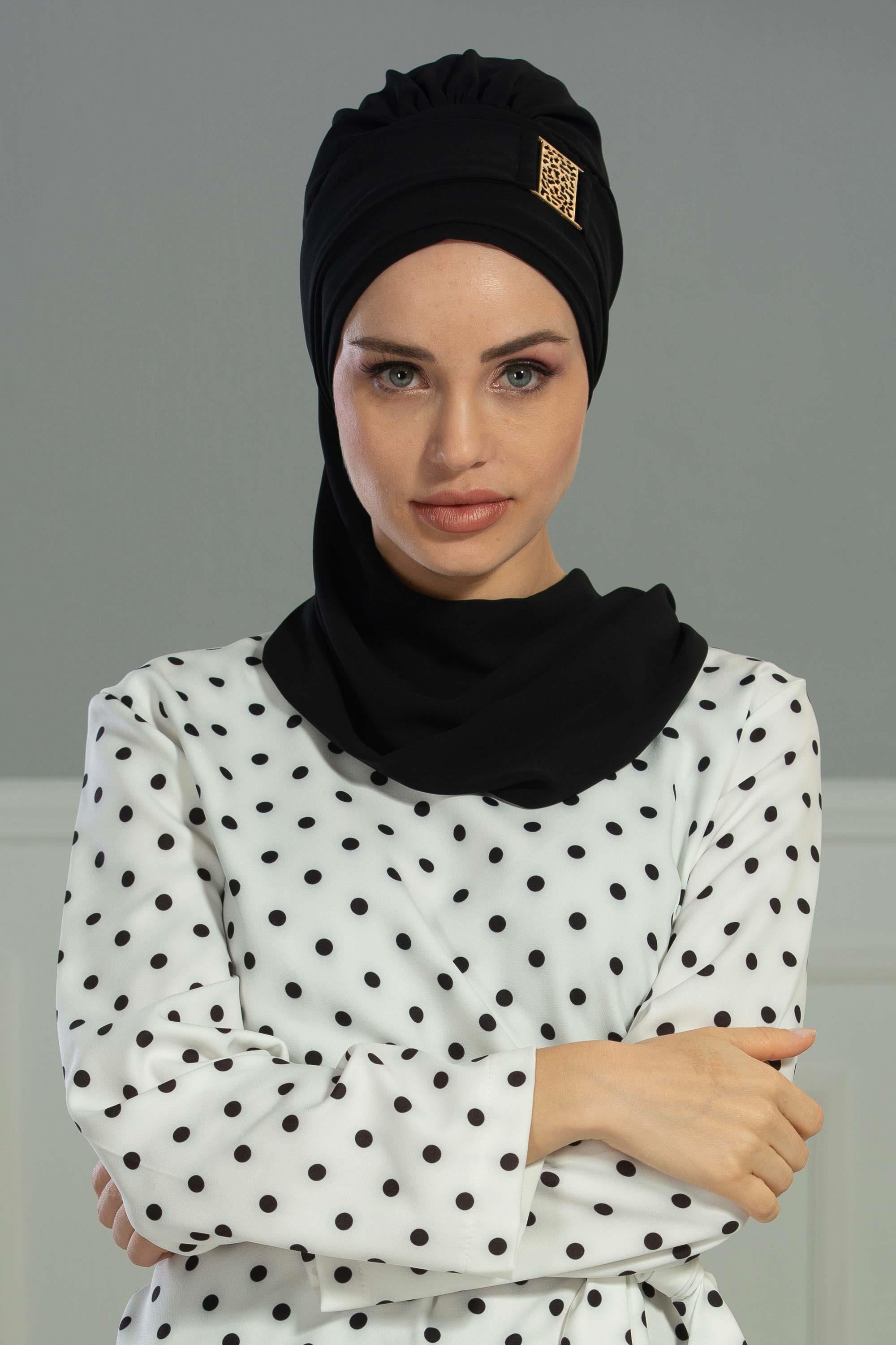 Dekolte Kapatabilen Gold Aksesuarlı Şifon Hazır Türban,HT-11