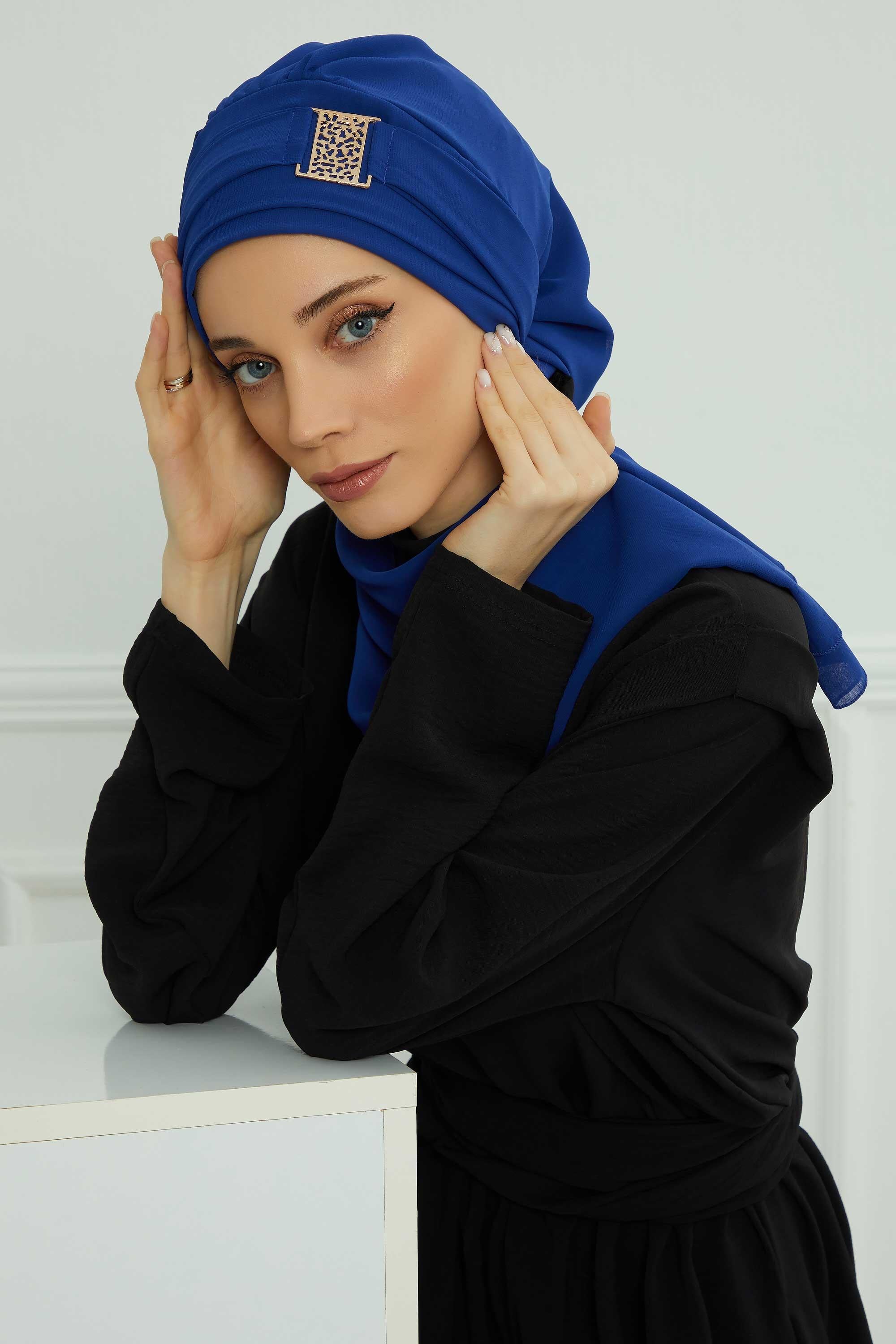 Dekolte Kapatabilen Gold Aksesuarlı Şifon Hazır Türban,HT-11