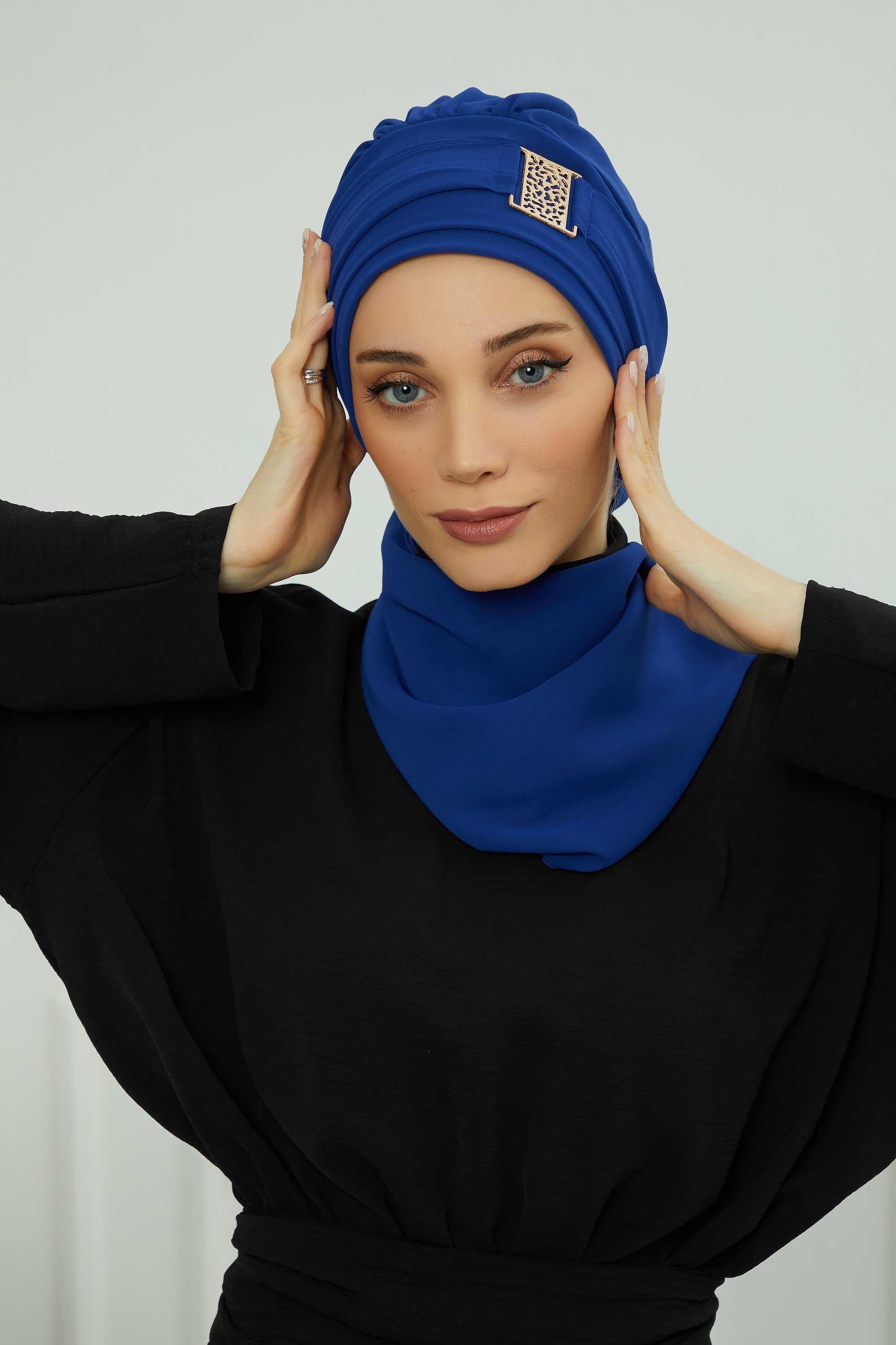 Dekolte Kapatabilen Gold Aksesuarlı Şifon Hazır Türban,HT-11