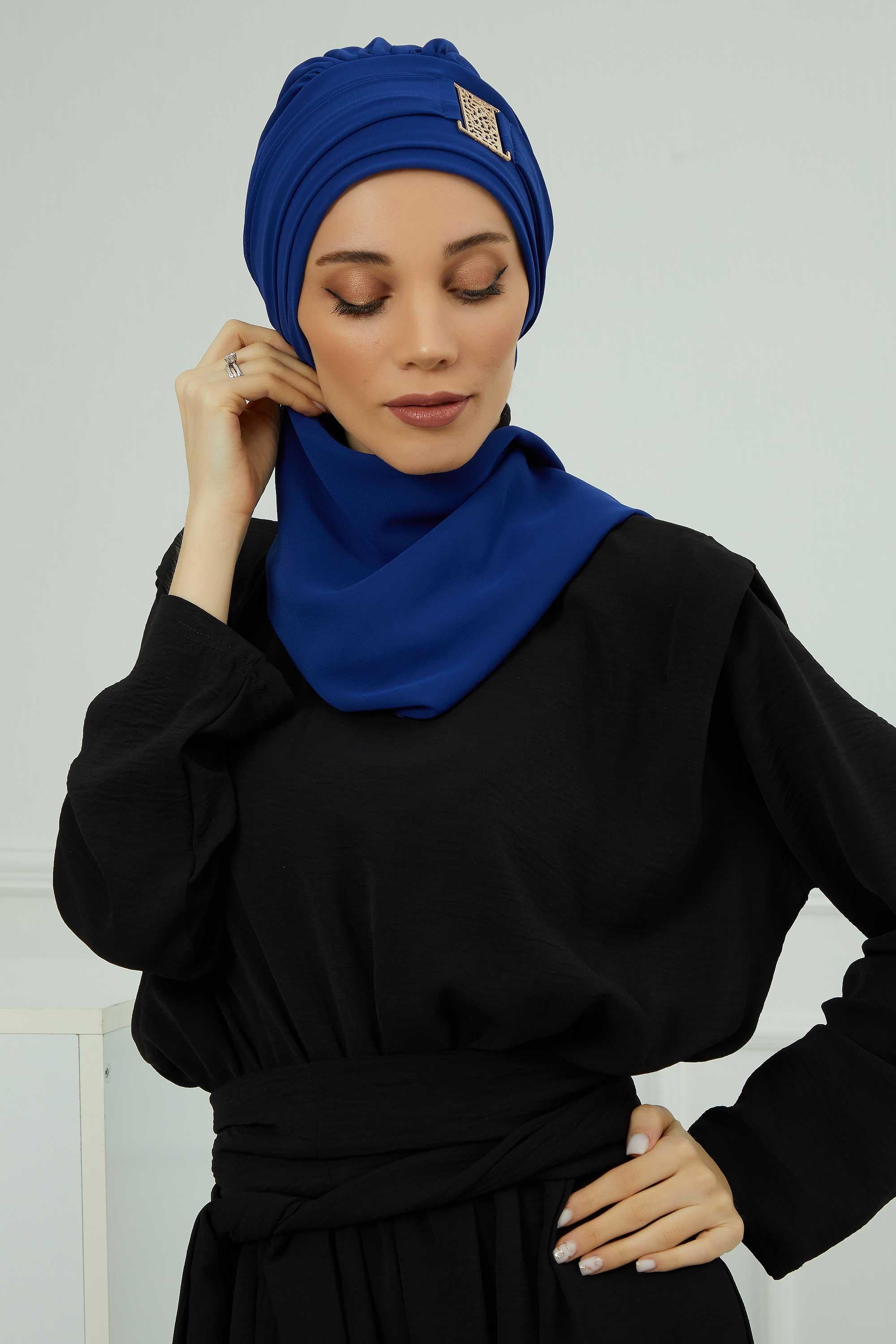 Dekolte Kapatabilen Gold Aksesuarlı Şifon Hazır Türban,HT-11