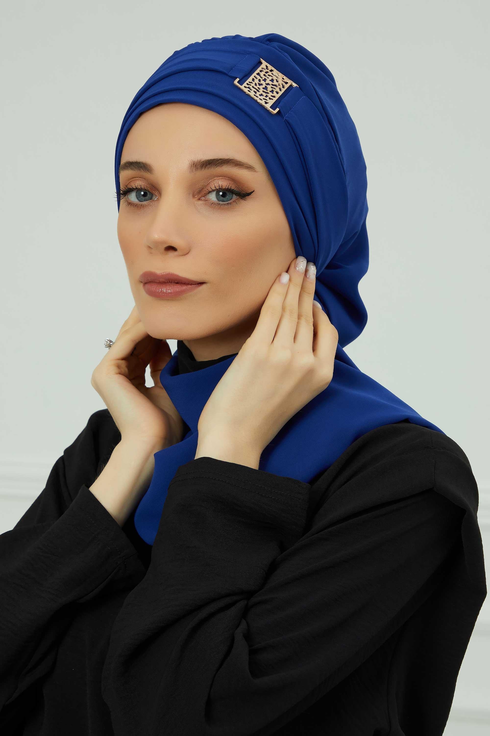 Dekolte Kapatabilen Gold Aksesuarlı Şifon Hazır Türban,HT-11