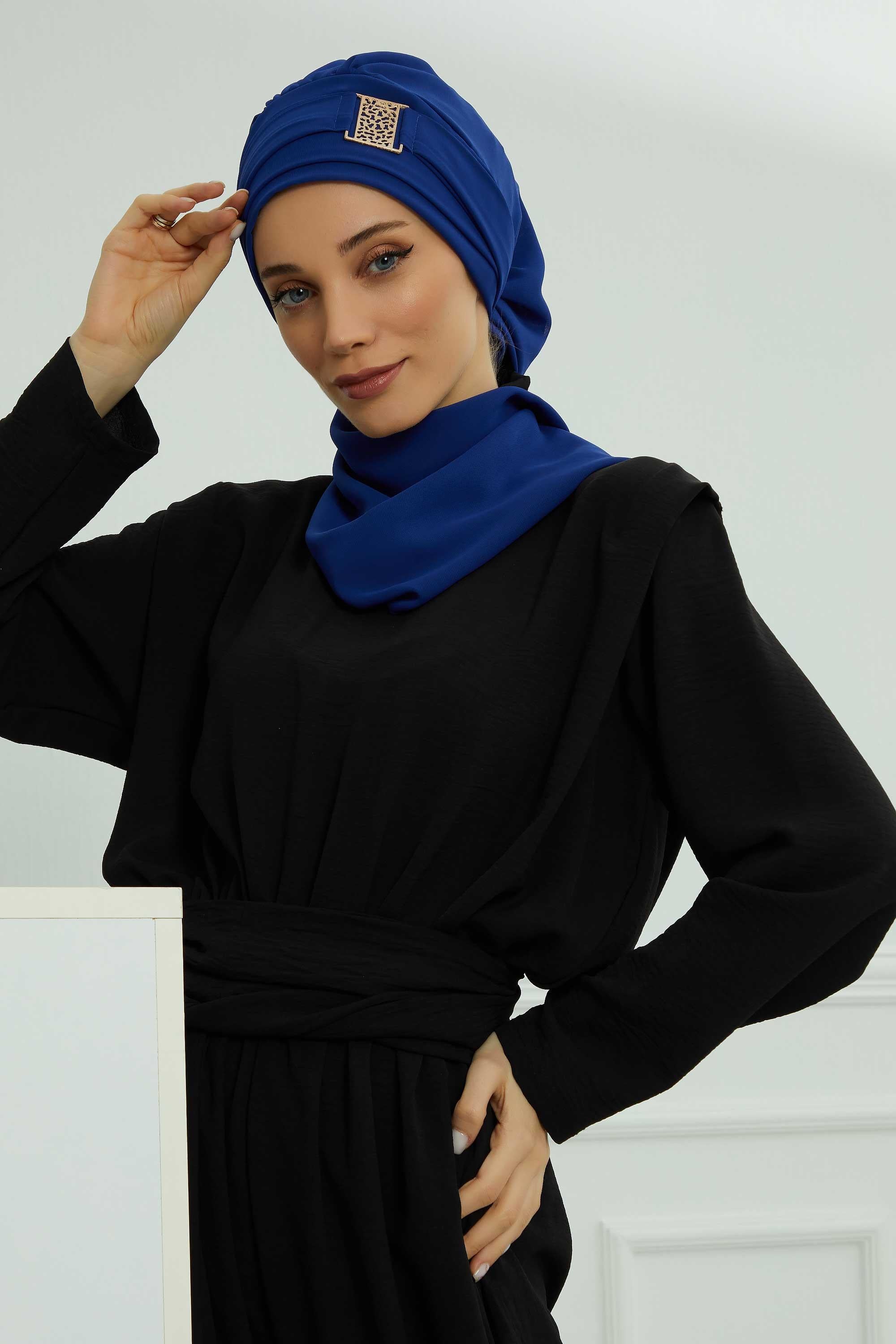 Dekolte Kapatabilen Gold Aksesuarlı Şifon Hazır Türban,HT-11