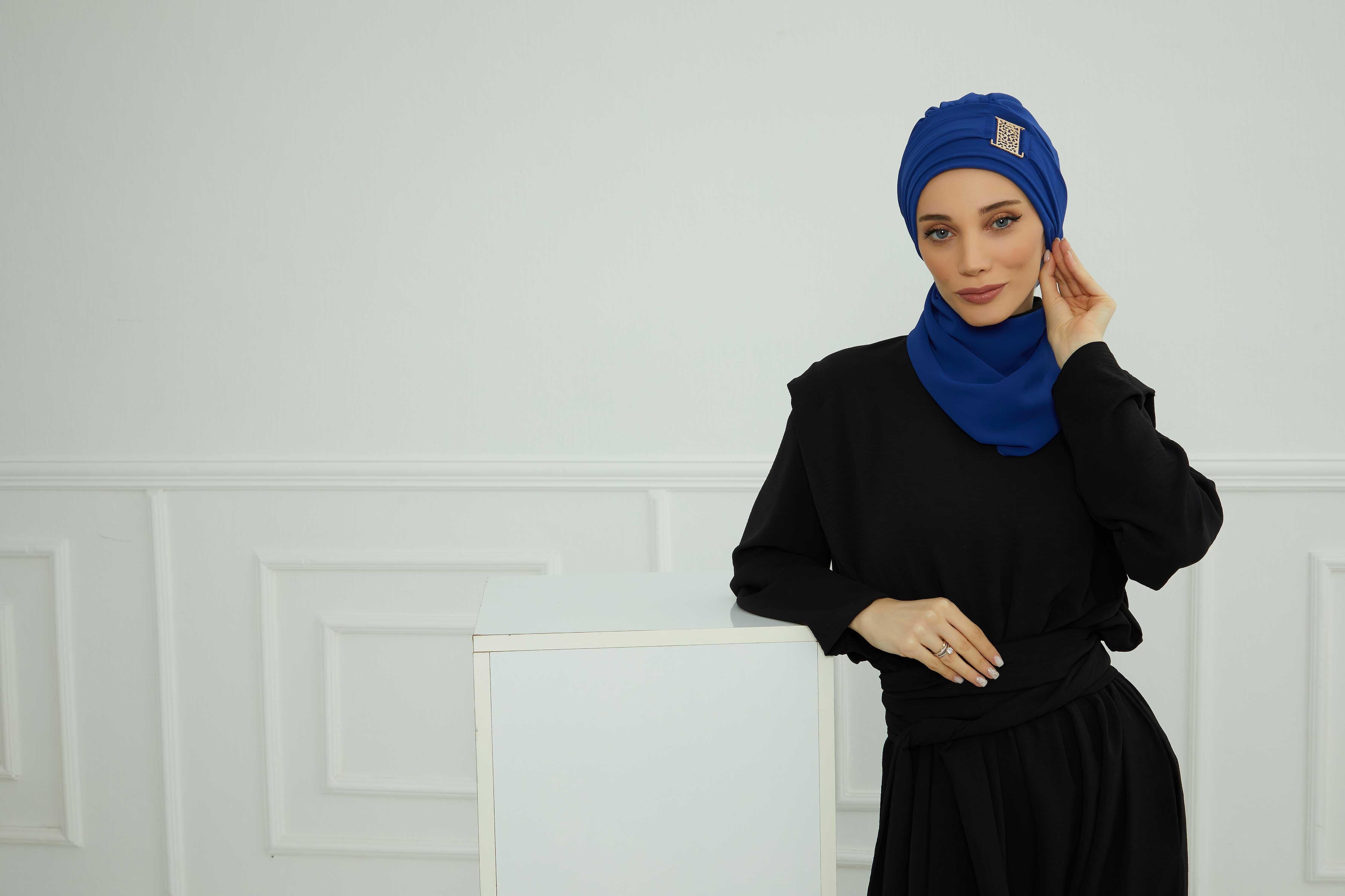 Dekolte Kapatabilen Gold Aksesuarlı Şifon Hazır Türban,HT-11