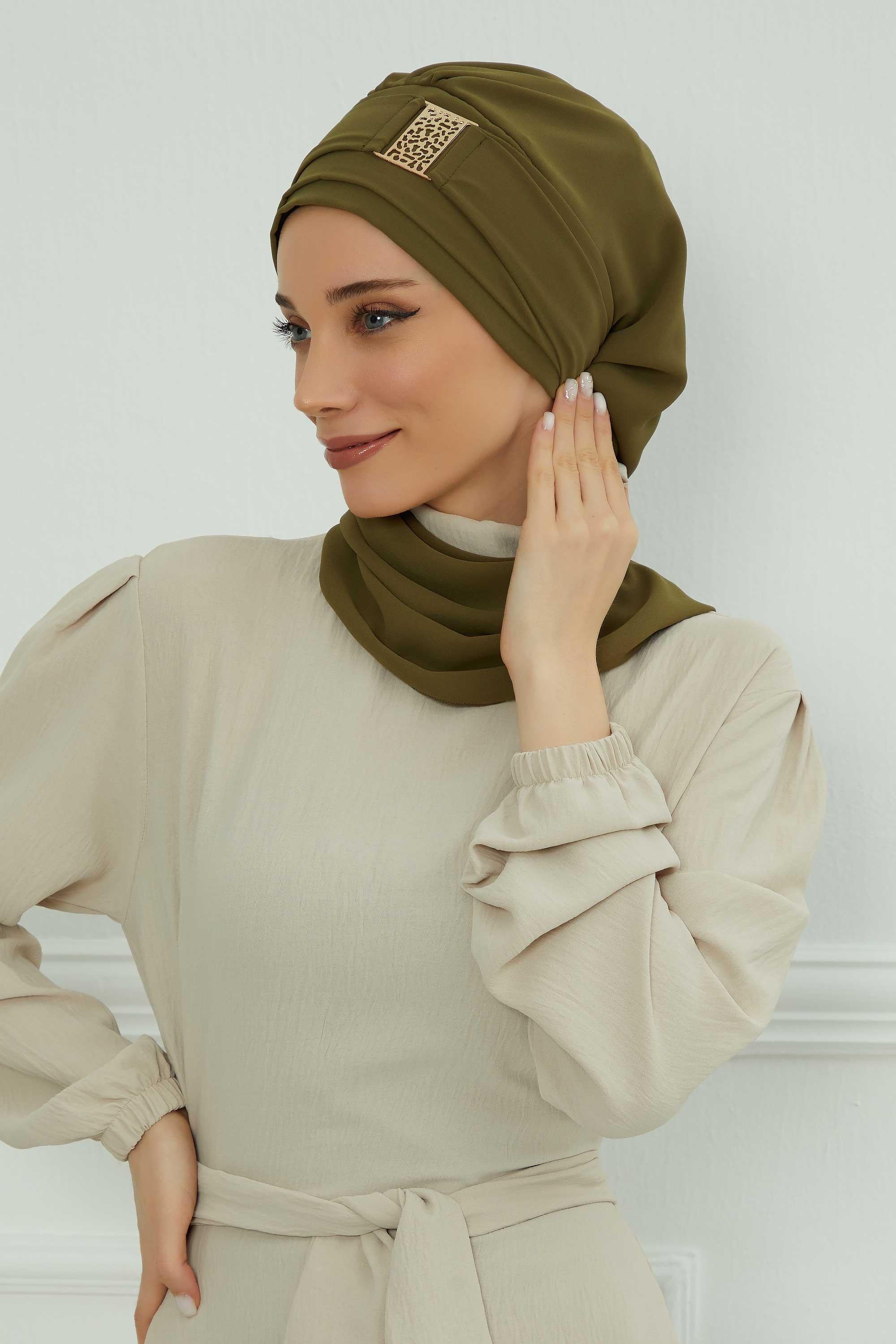 Dekolte Kapatabilen Gold Aksesuarlı Şifon Hazır Türban,HT-11