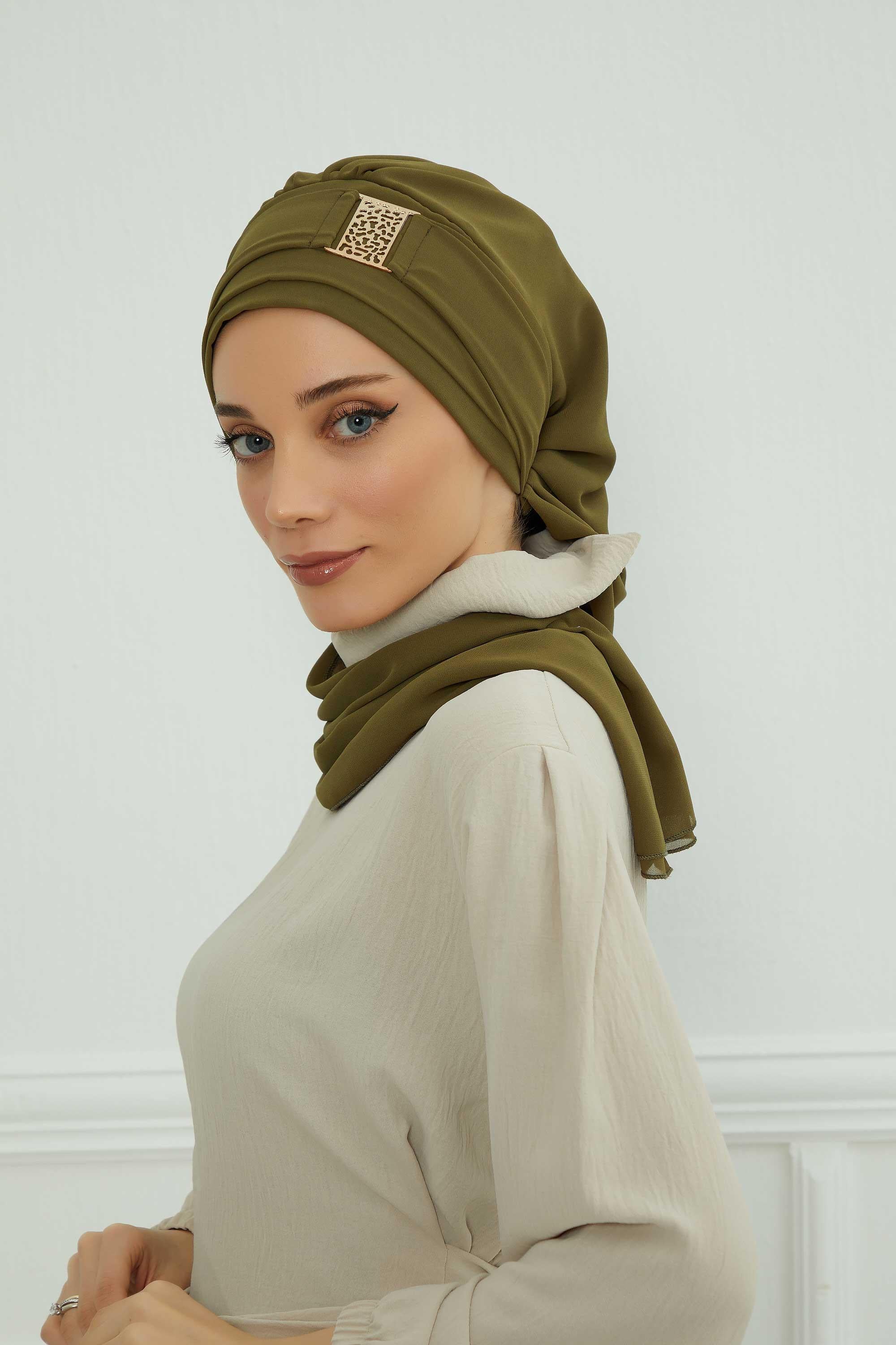 Dekolte Kapatabilen Gold Aksesuarlı Şifon Hazır Türban,HT-11