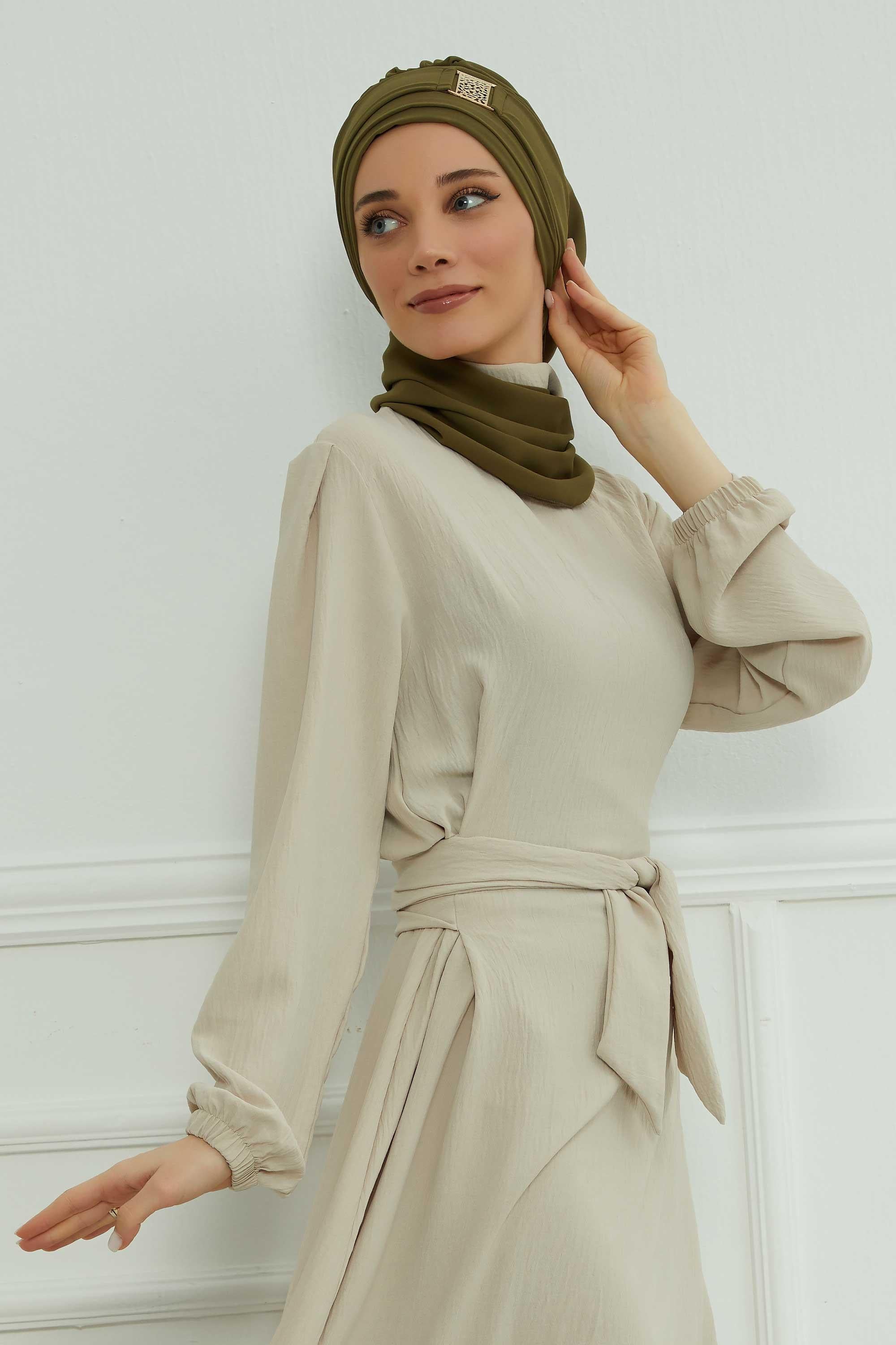 Dekolte Kapatabilen Gold Aksesuarlı Şifon Hazır Türban,HT-11