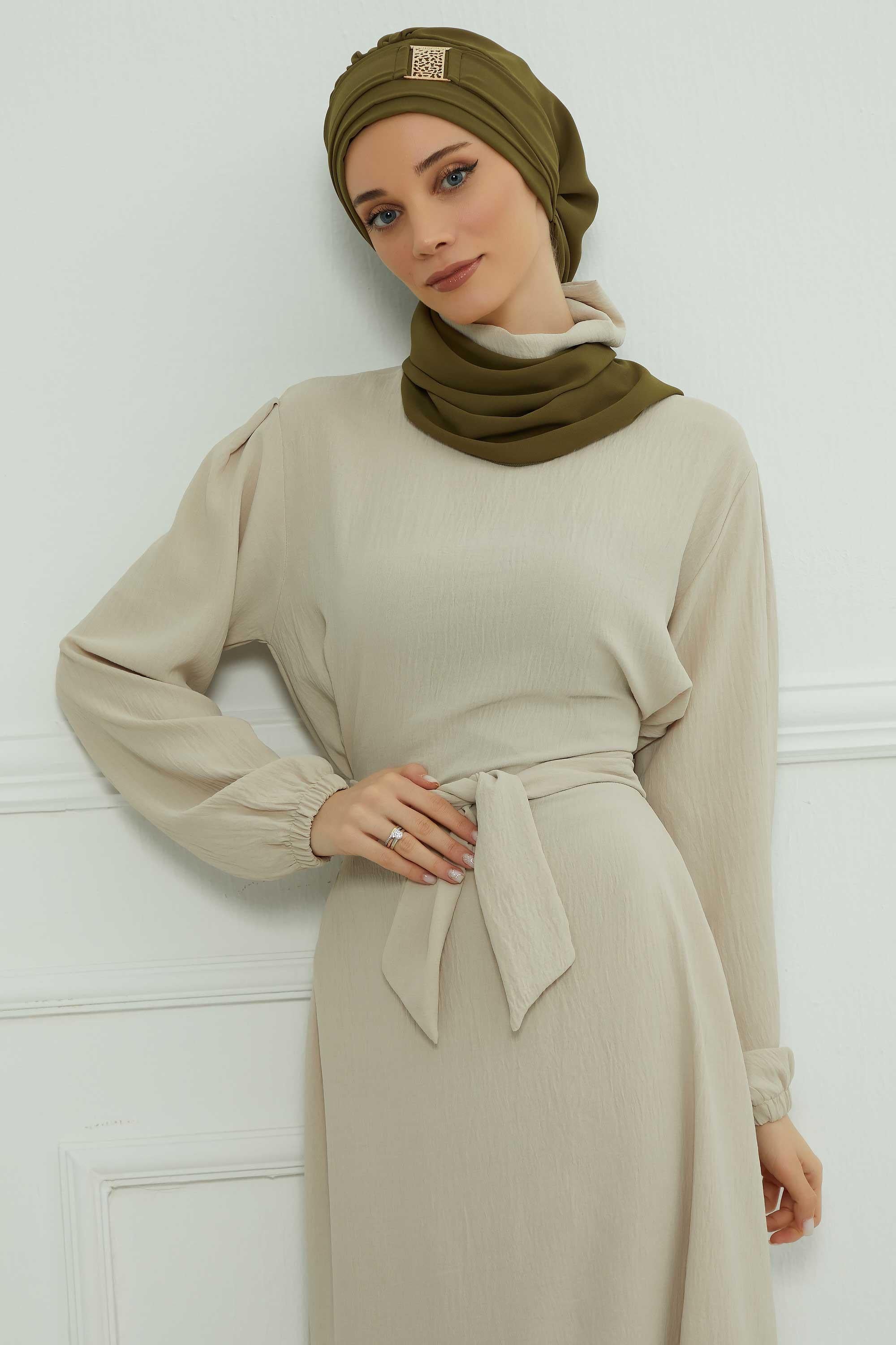 Dekolte Kapatabilen Gold Aksesuarlı Şifon Hazır Türban,HT-11