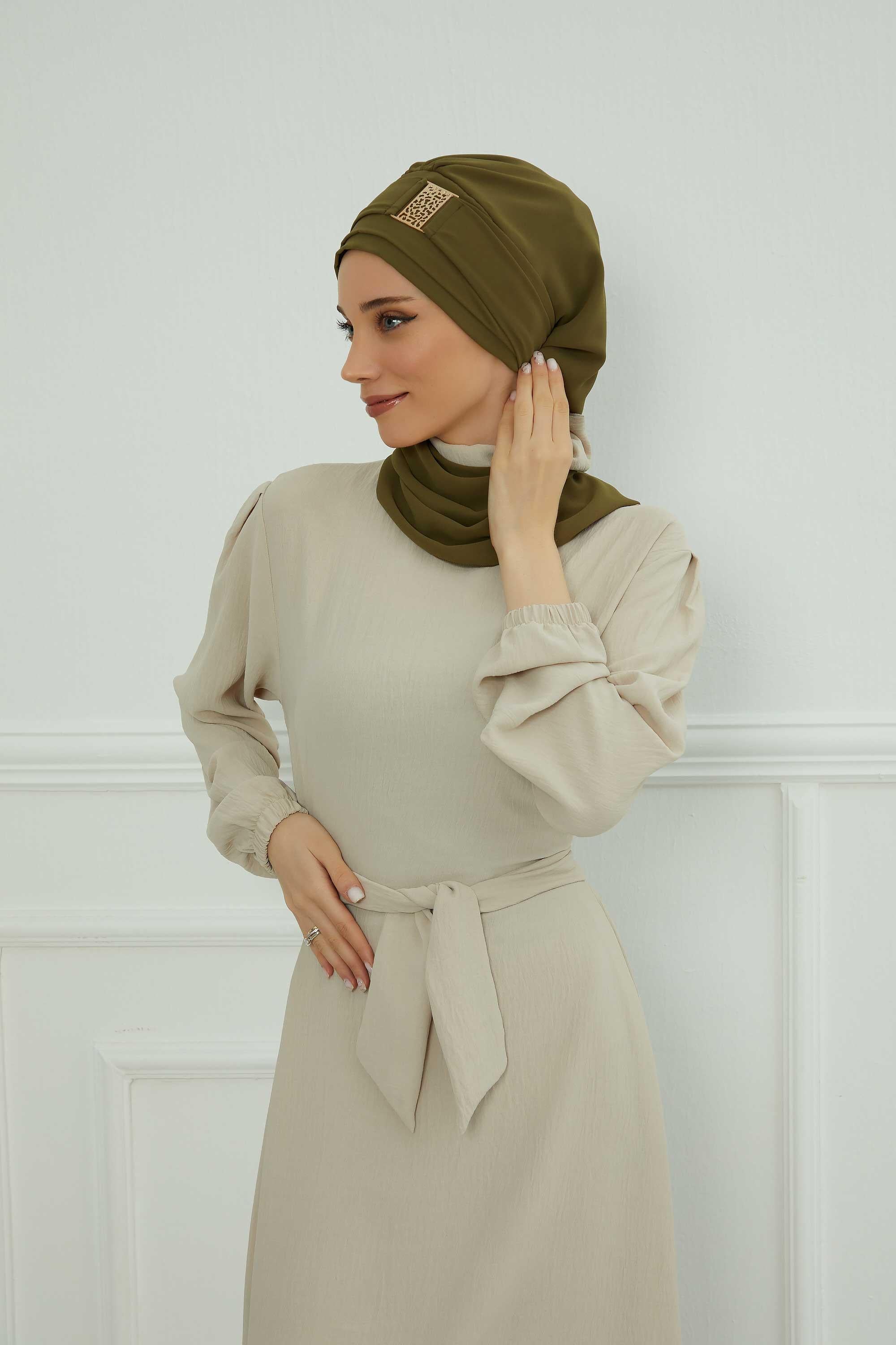 Dekolte Kapatabilen Gold Aksesuarlı Şifon Hazır Türban,HT-11