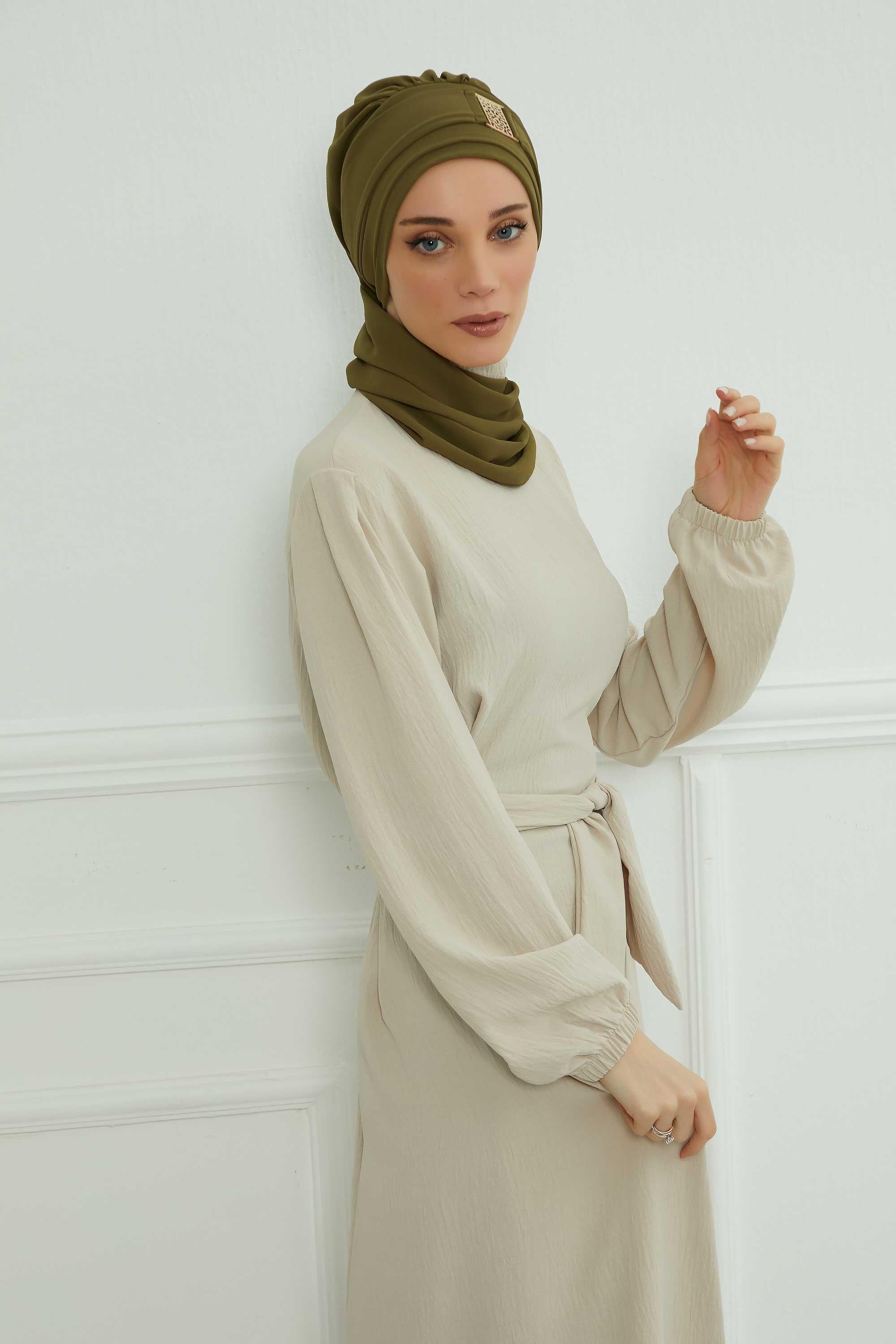 Dekolte Kapatabilen Gold Aksesuarlı Şifon Hazır Türban,HT-11