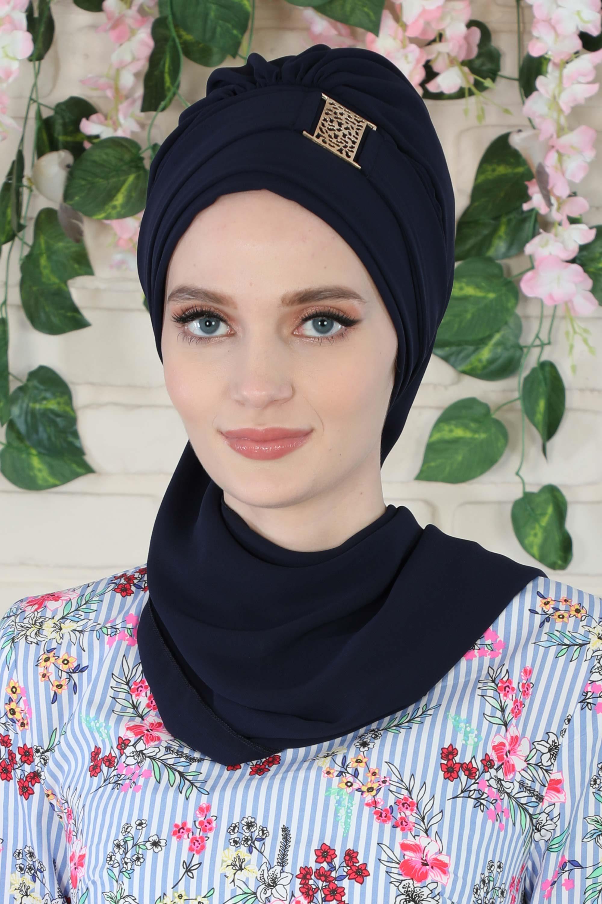 Dekolte Kapatabilen Gold Aksesuarlı Şifon Hazır Türban,HT-11