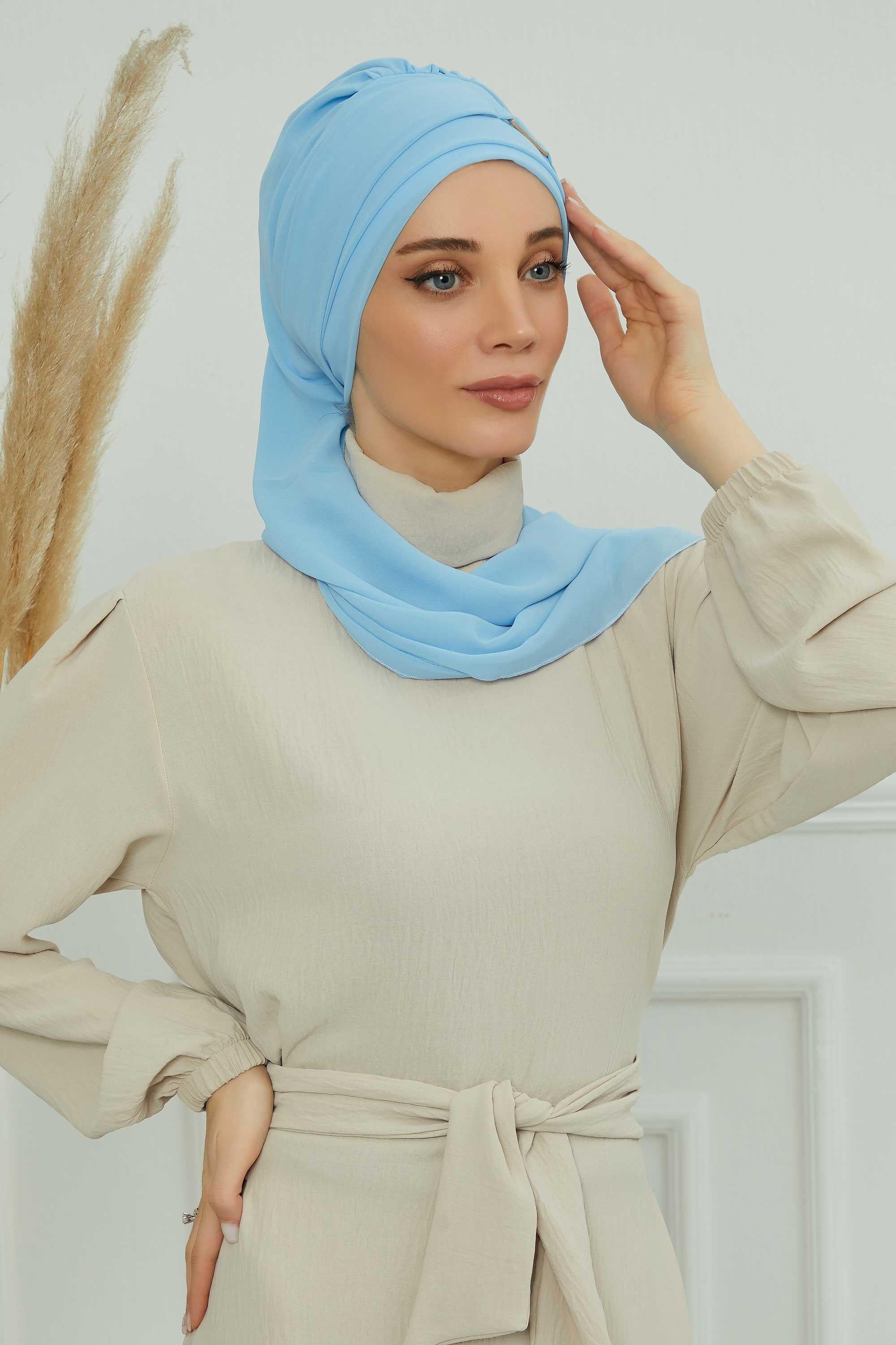 Dekolte Kapatabilen Gold Aksesuarlı Şifon Hazır Türban,HT-11