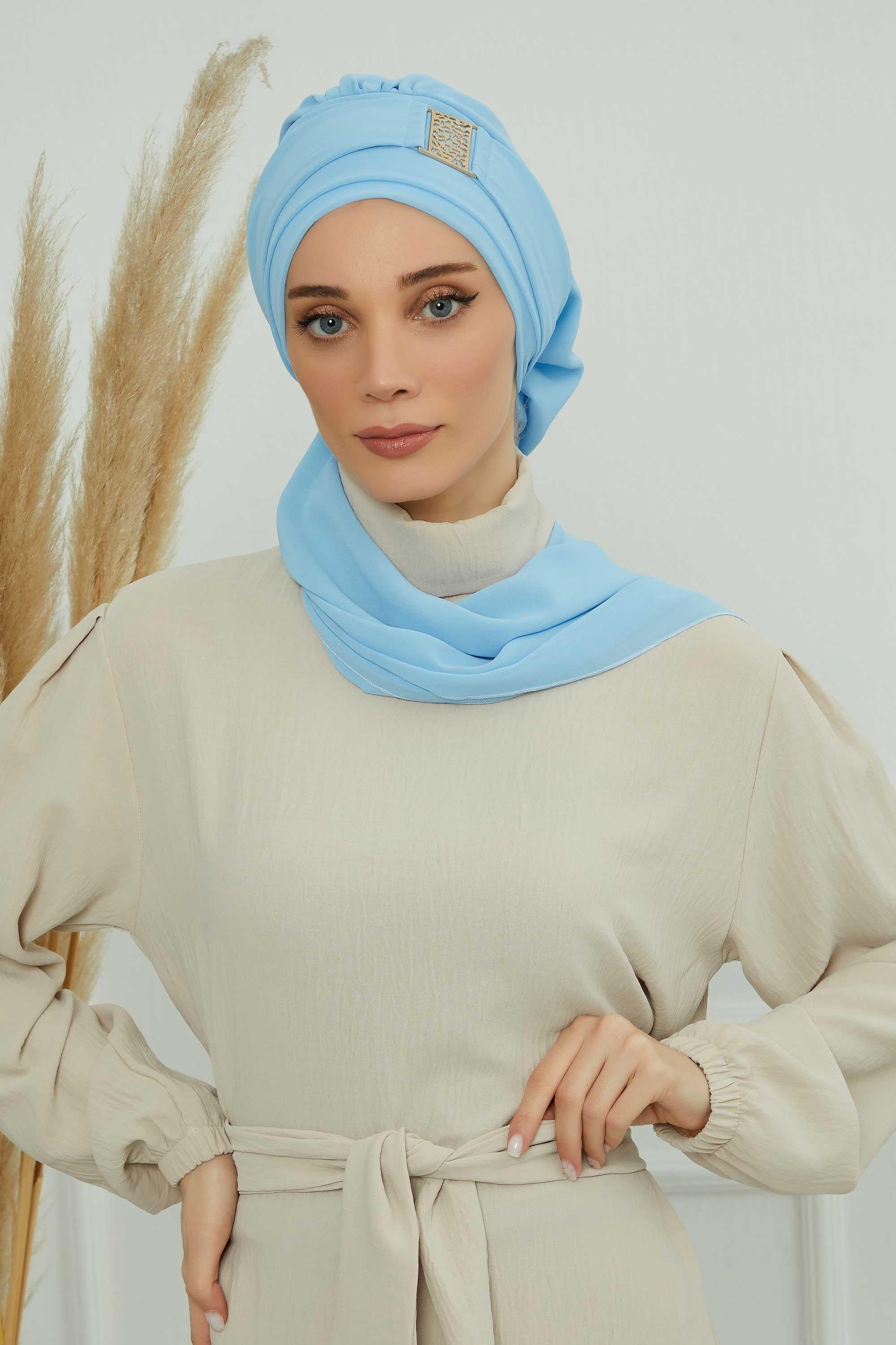 Dekolte Kapatabilen Gold Aksesuarlı Şifon Hazır Türban,HT-11