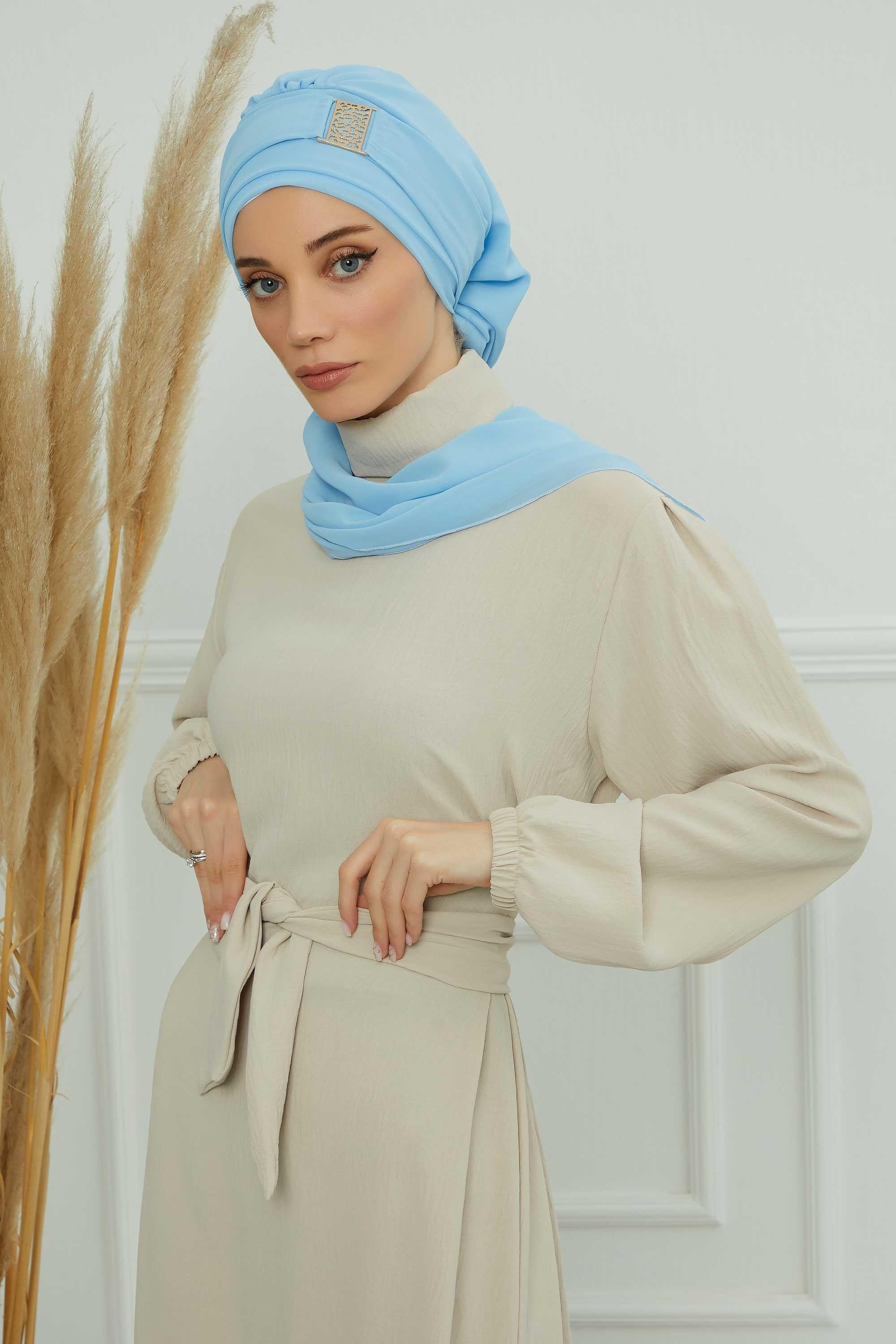 Dekolte Kapatabilen Gold Aksesuarlı Şifon Hazır Türban,HT-11