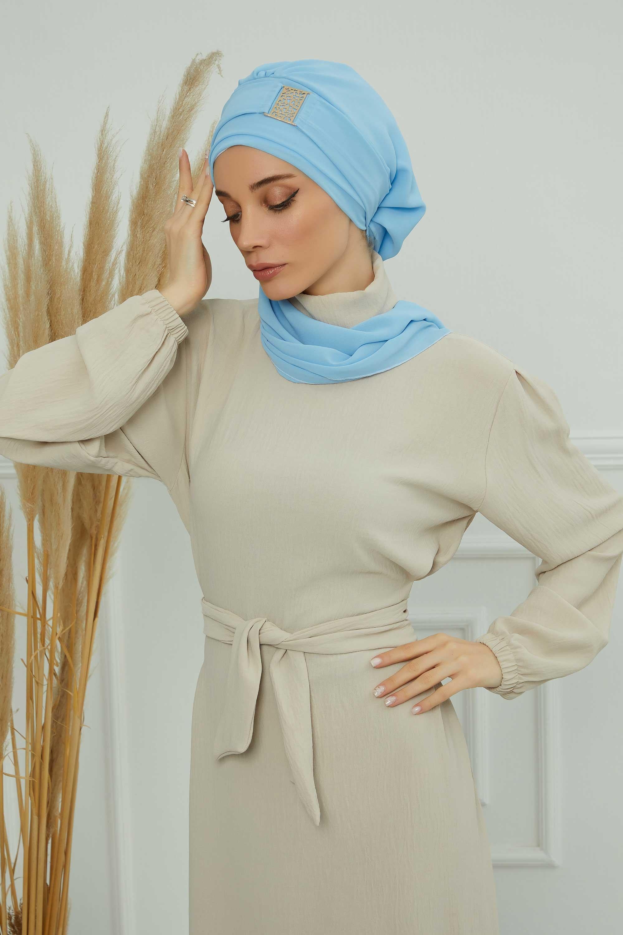 Dekolte Kapatabilen Gold Aksesuarlı Şifon Hazır Türban,HT-11