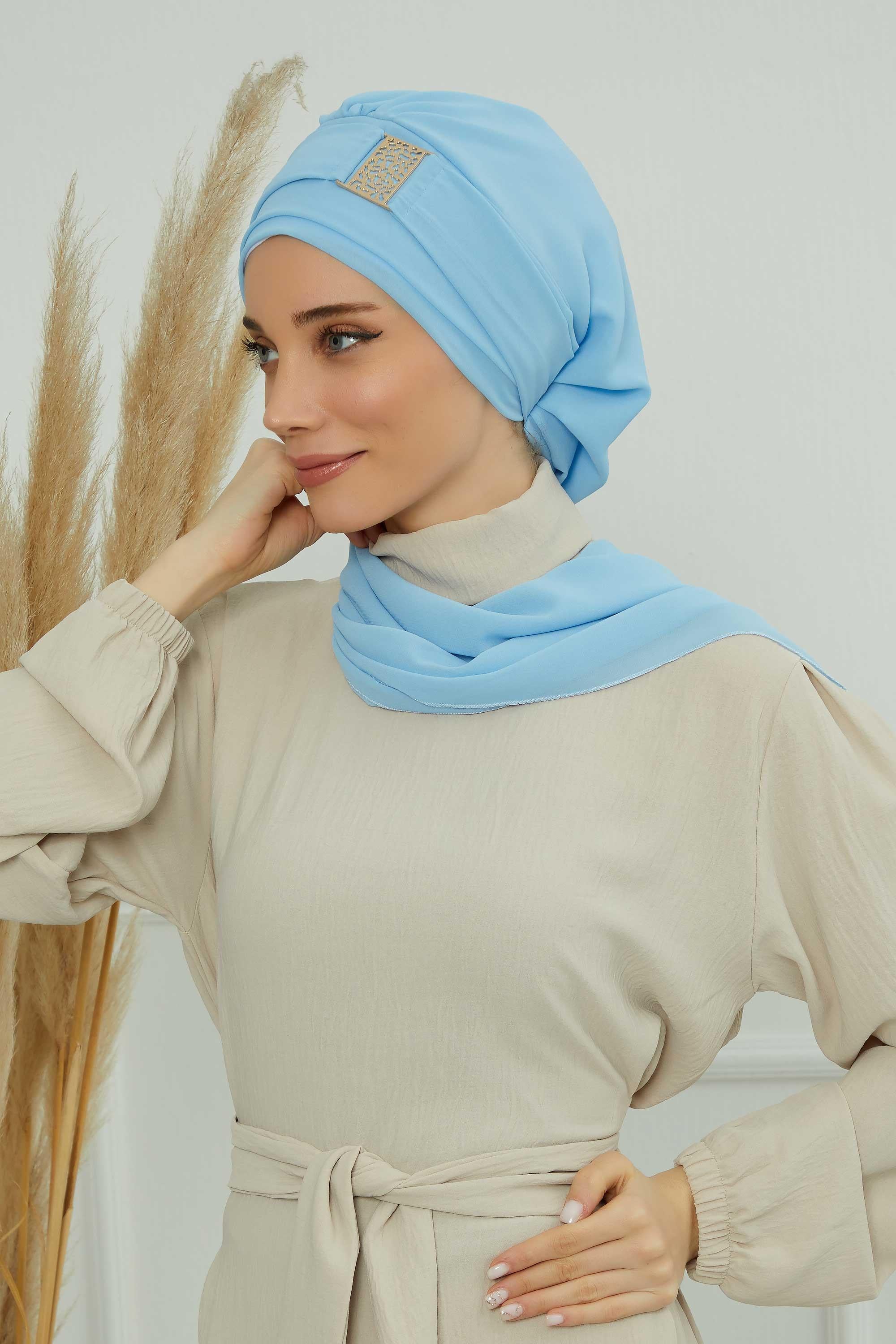 Dekolte Kapatabilen Gold Aksesuarlı Şifon Hazır Türban,HT-11