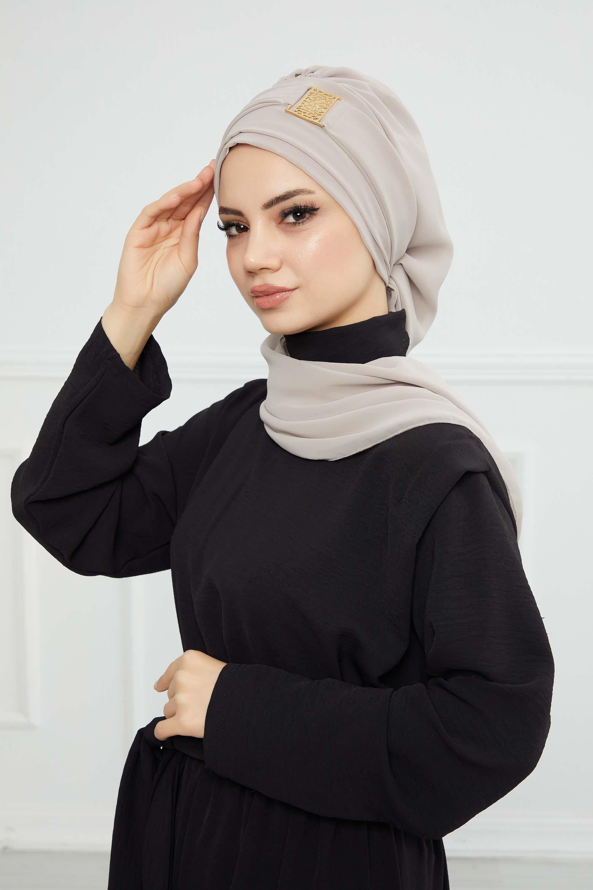 Dekolte Kapatabilen Gold Aksesuarlı Şifon Hazır Türban,HT-11