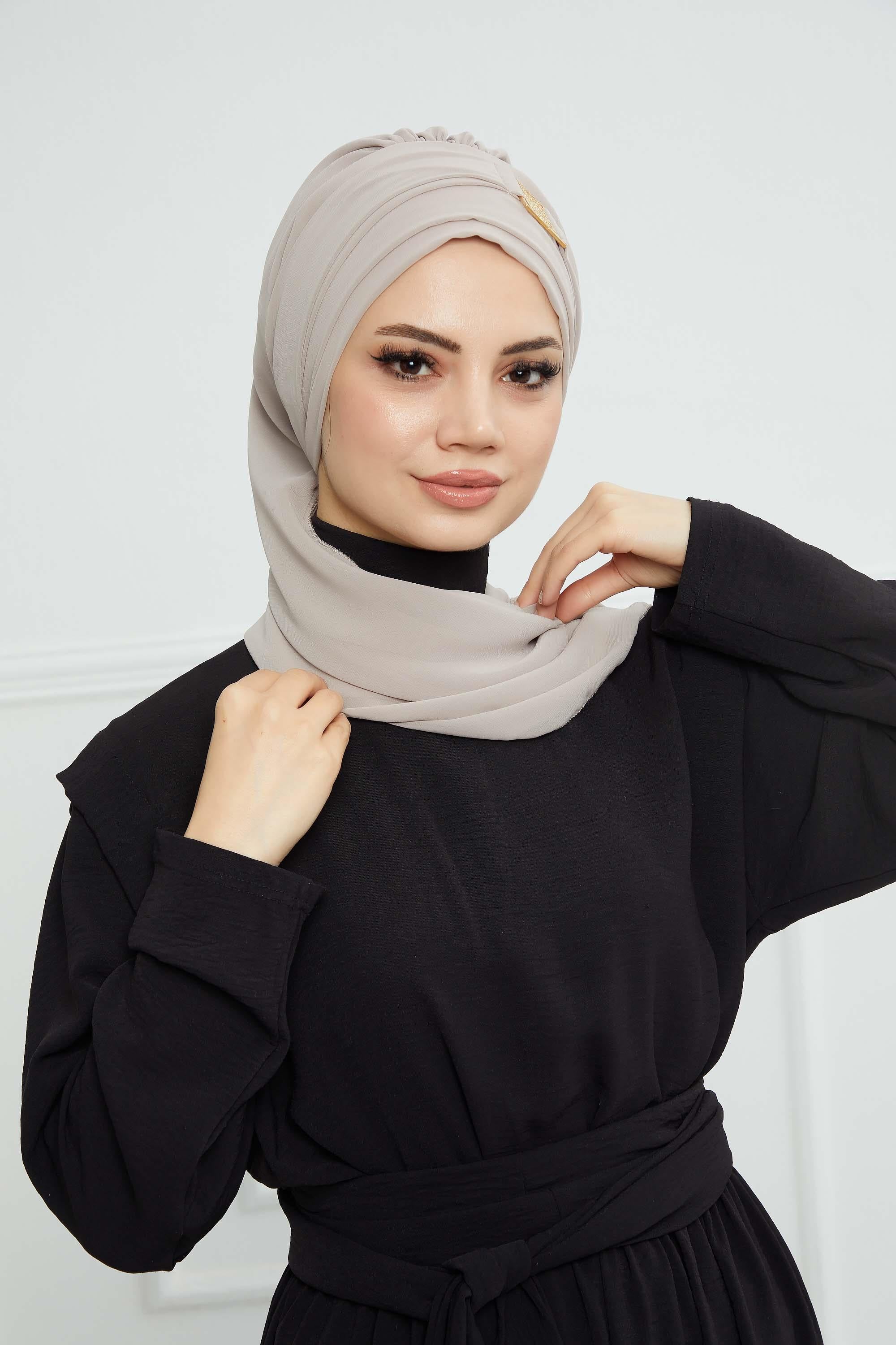 Dekolte Kapatabilen Gold Aksesuarlı Şifon Hazır Türban,HT-11