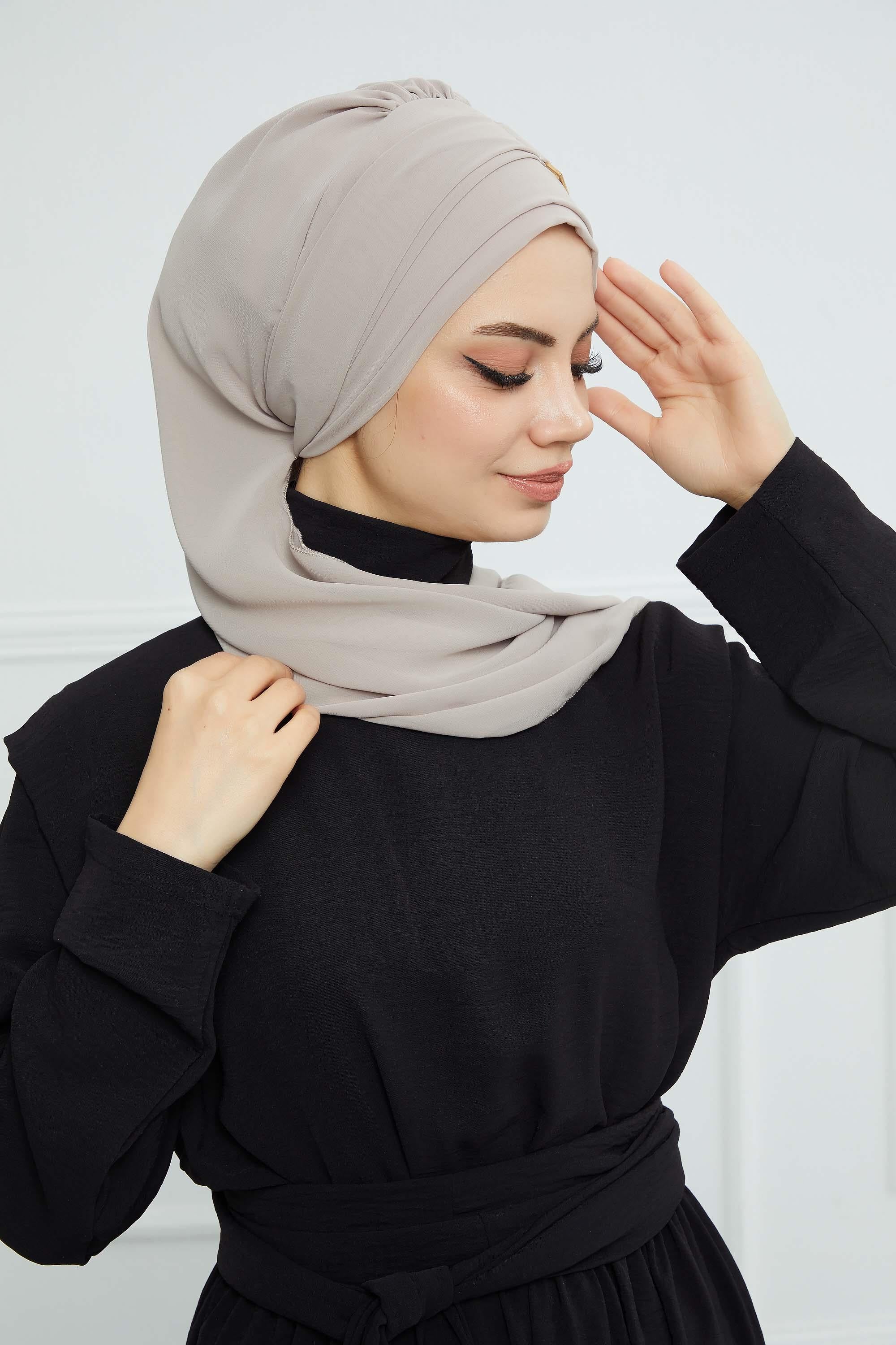 Dekolte Kapatabilen Gold Aksesuarlı Şifon Hazır Türban,HT-11