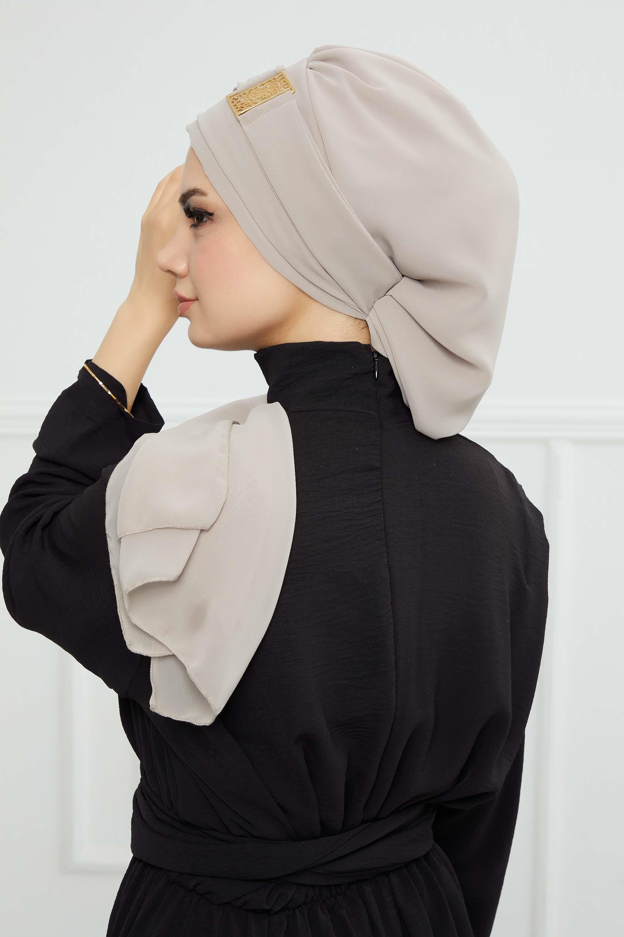 Dekolte Kapatabilen Gold Aksesuarlı Şifon Hazır Türban,HT-11