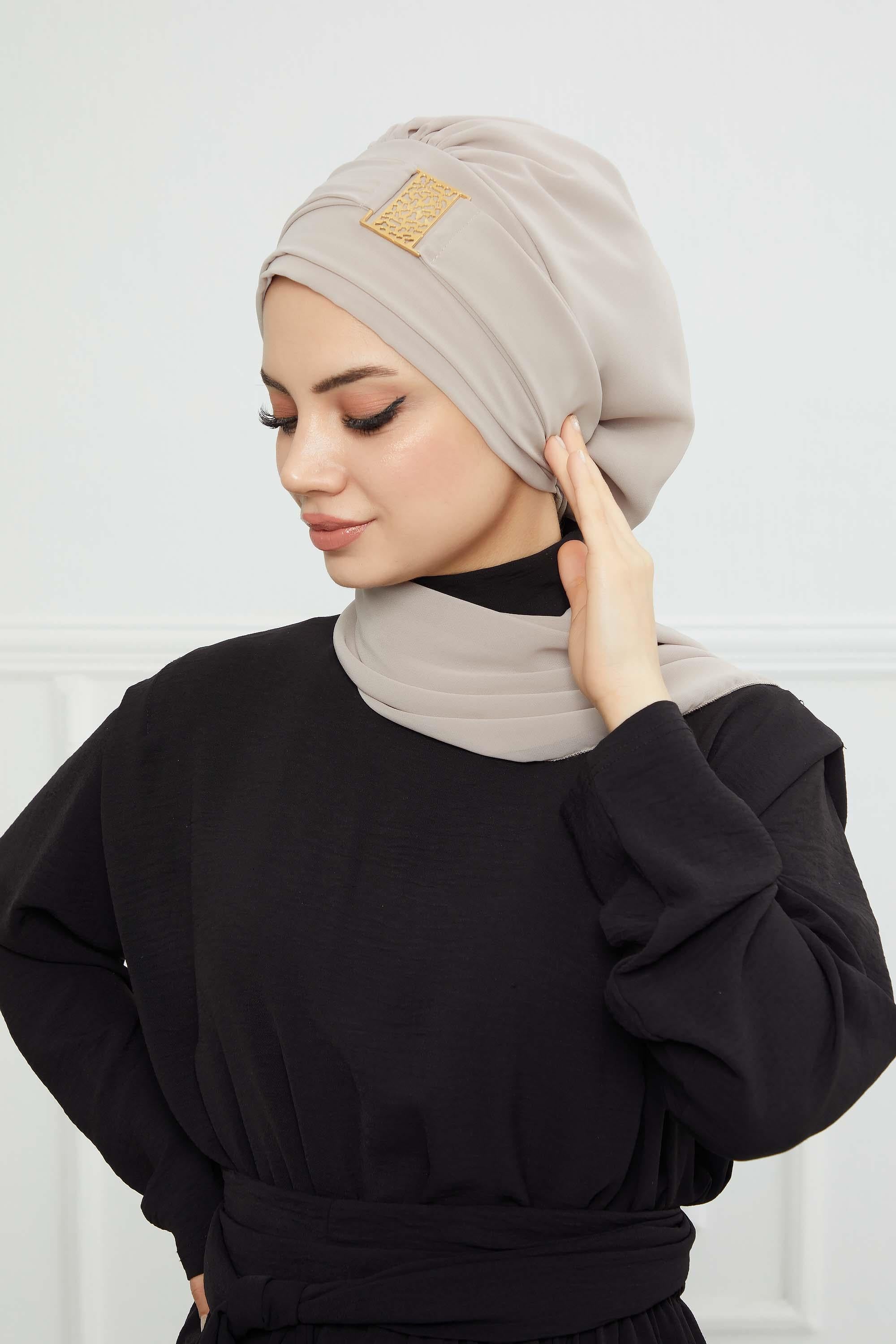 Dekolte Kapatabilen Gold Aksesuarlı Şifon Hazır Türban,HT-11