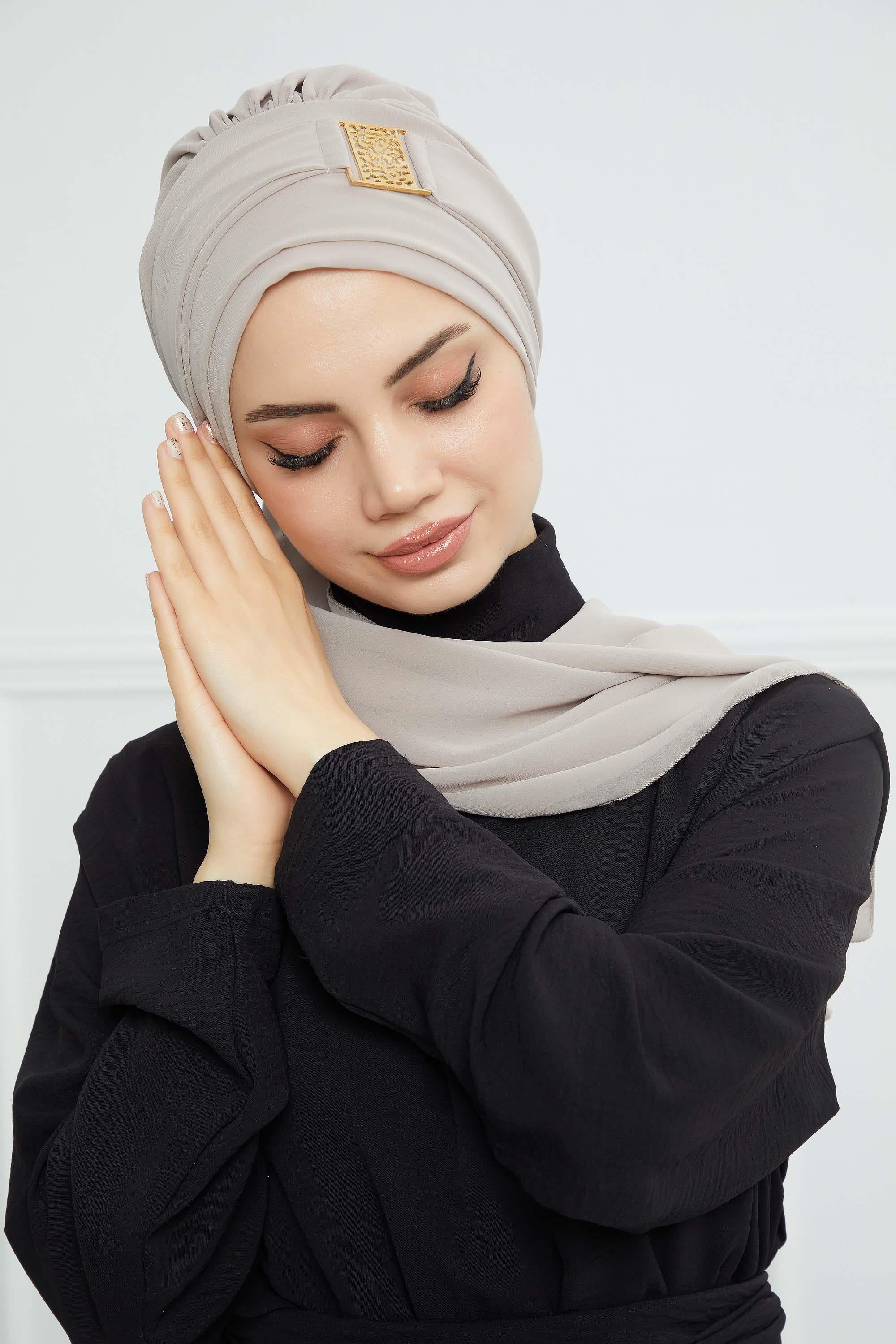 Dekolte Kapatabilen Gold Aksesuarlı Şifon Hazır Türban,HT-11