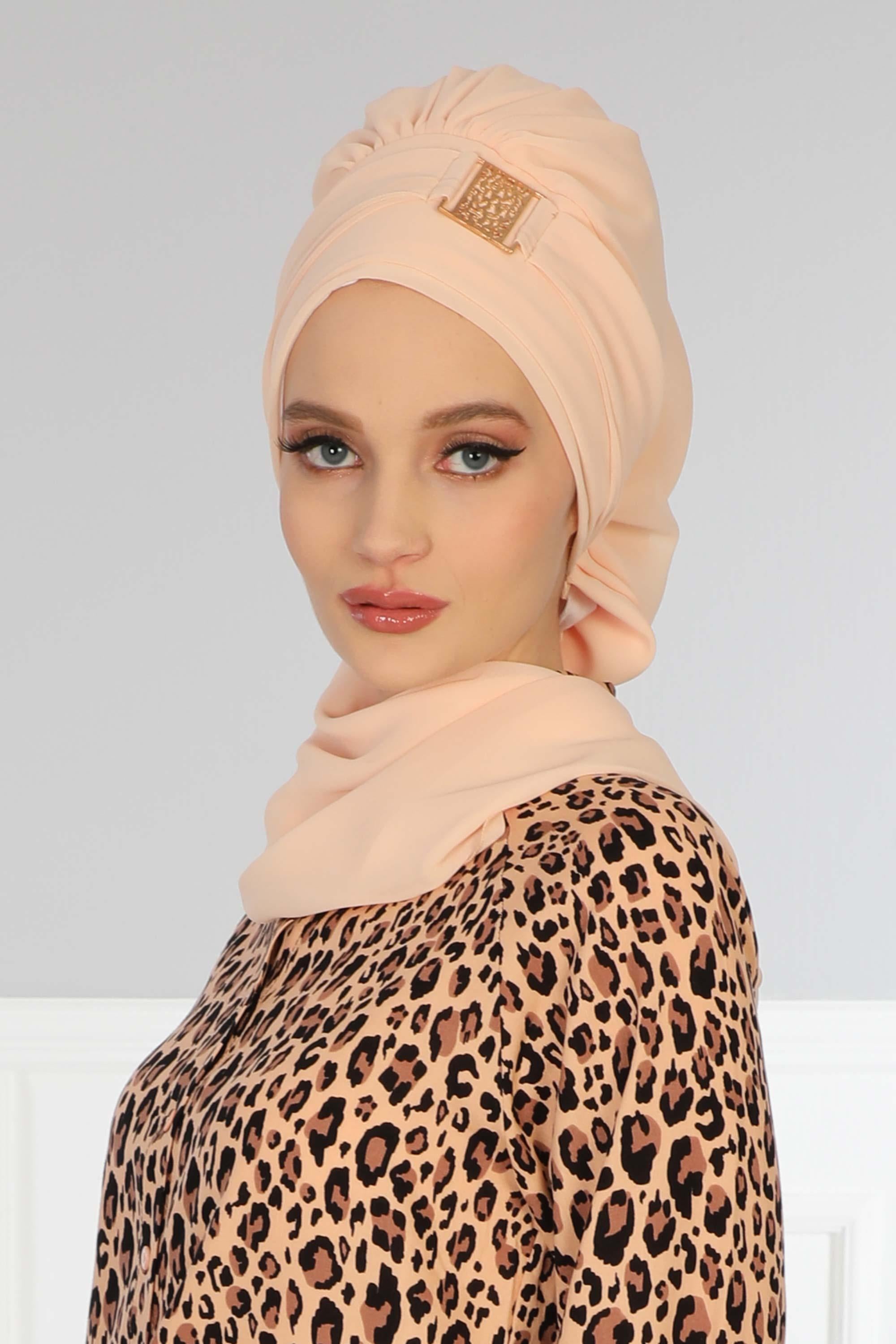 Dekolte Kapatabilen Gold Aksesuarlı Şifon Hazır Türban,HT-11