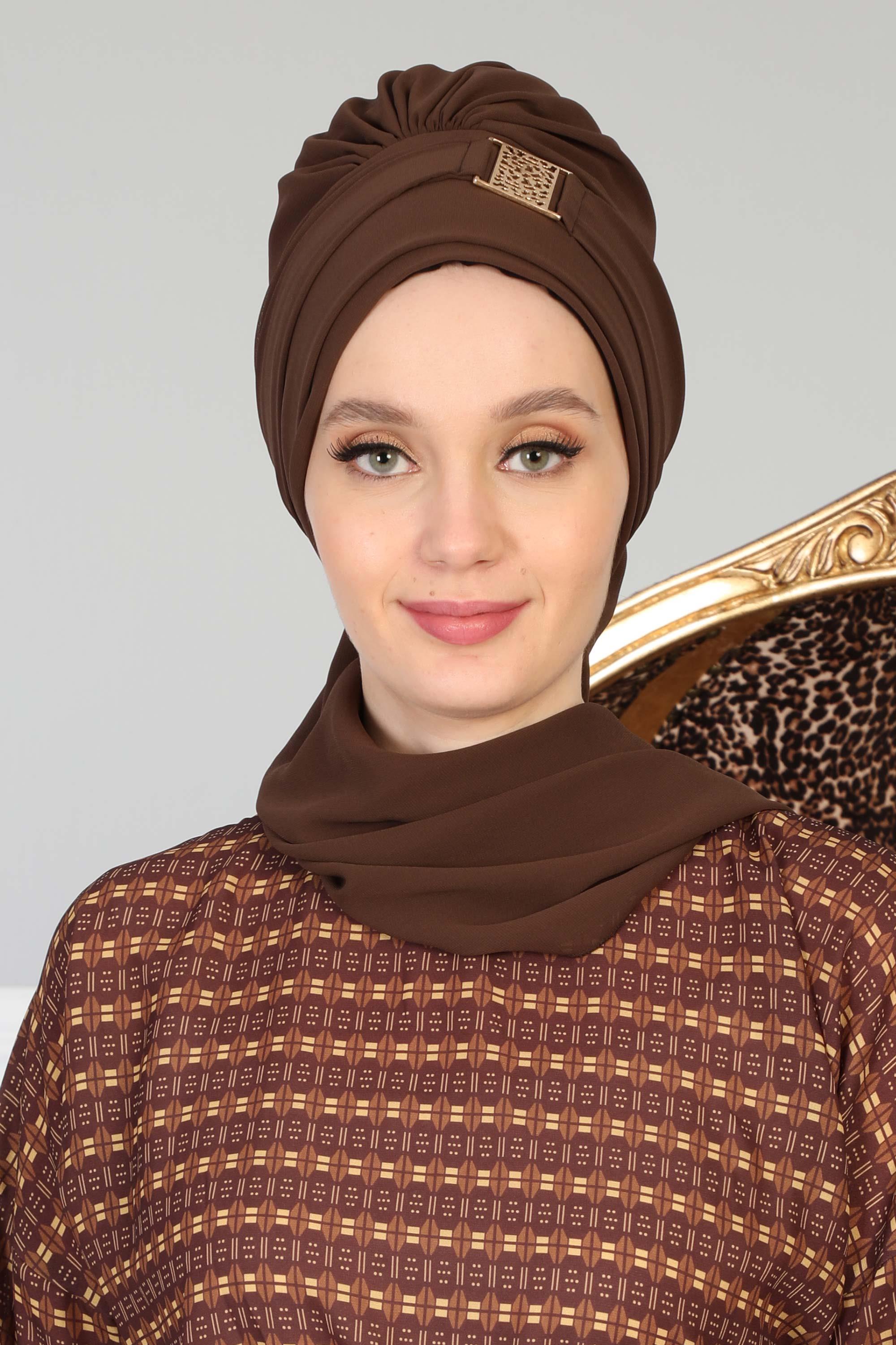 Dekolte Kapatabilen Gold Aksesuarlı Şifon Hazır Türban,HT-11