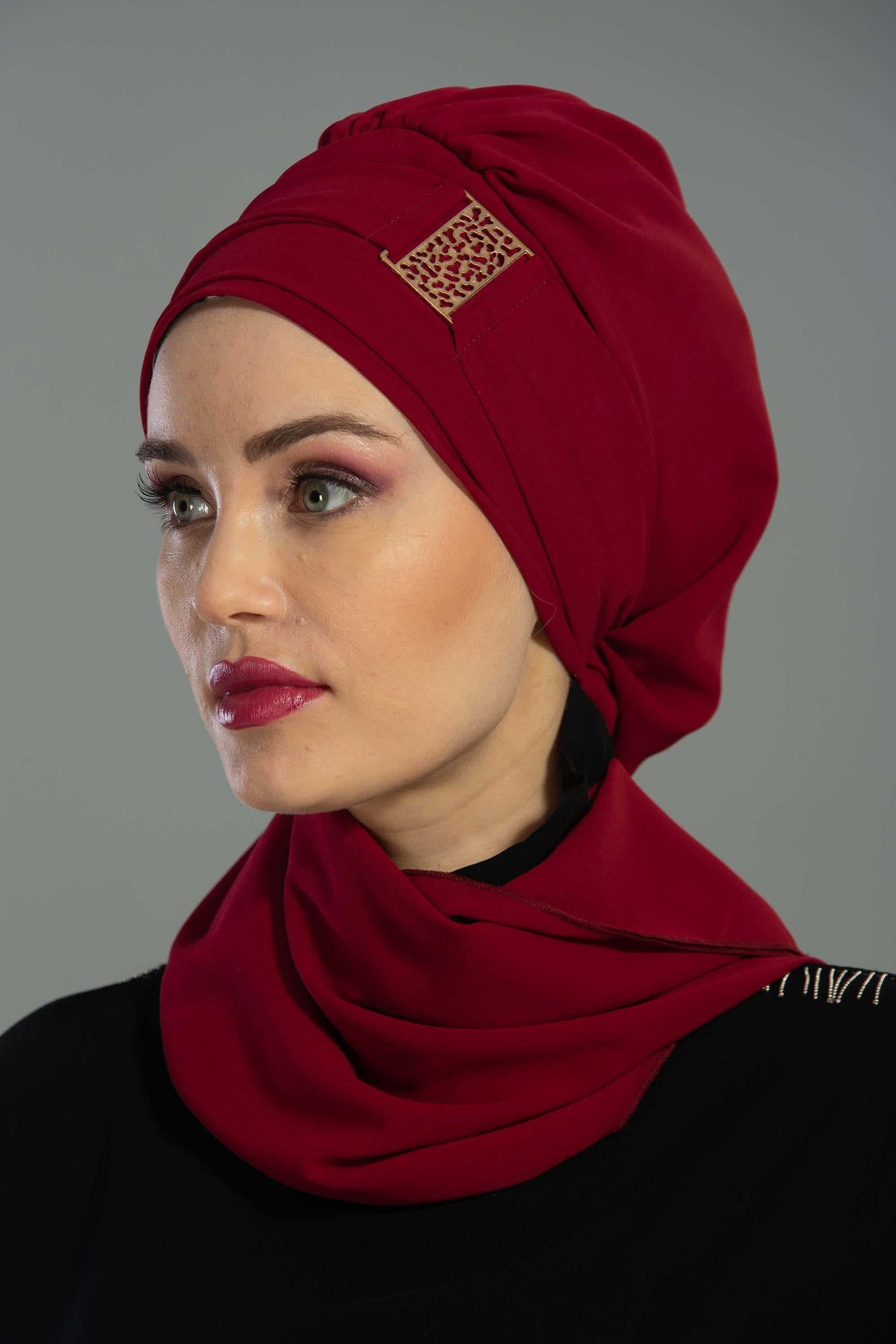 Dekolte Kapatabilen Gold Aksesuarlı Şifon Hazır Türban,HT-11